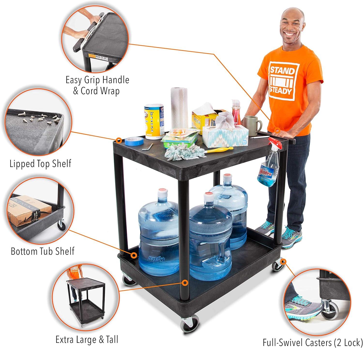 Original Tubstr Hybrid | Large Flat Top Utility Cart | Heavy Duty Service Cart Holds Up to 400 lb. | Lipped Top Shelf & Deep Tub Bottom Shelf | Ideal for Warehouse, Cleaning & More (32in x 24in)