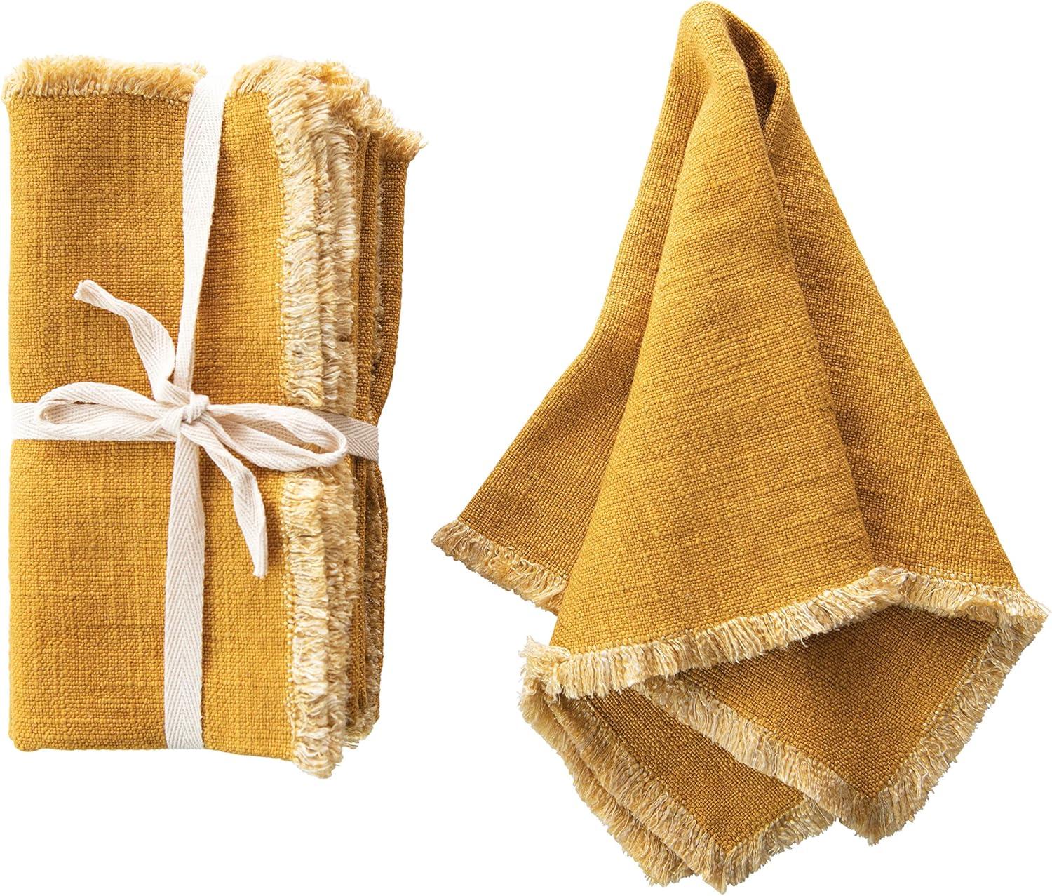 Creative Co-Op Mustard Square Linen Blend Fringe Trim (Set of 4) Napkin