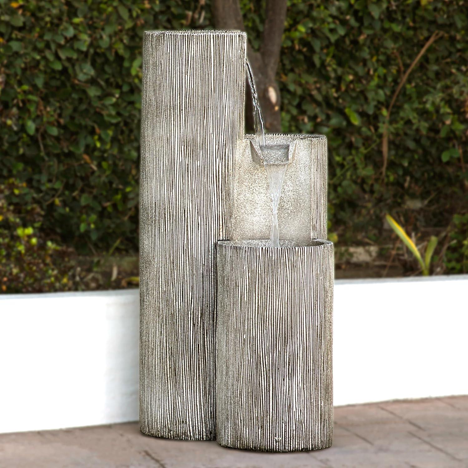 41" Resin Outdoor Tiering Column Zen Fountain with LED Lights Gray - Alpine Corporation
