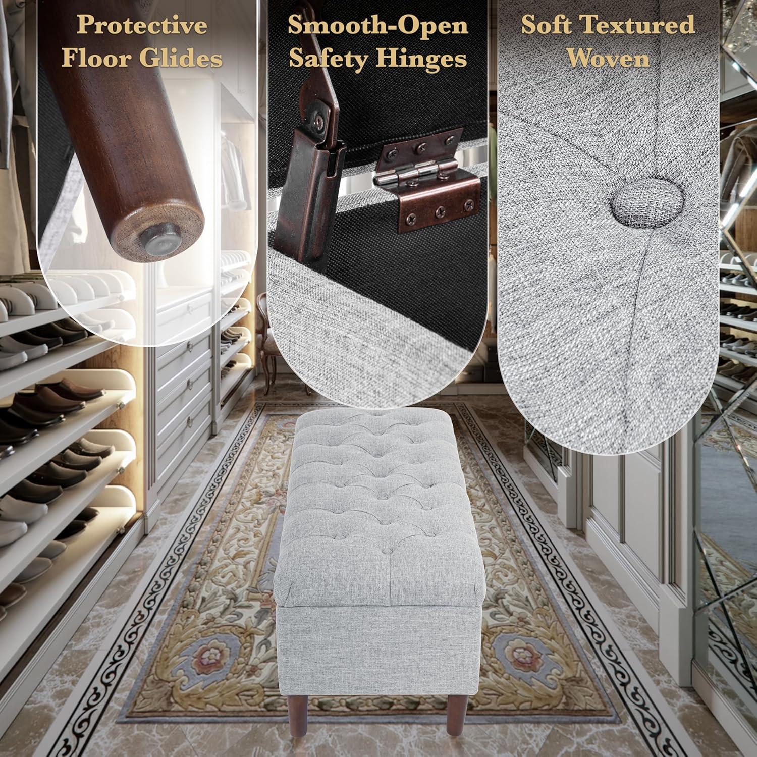 Button Tufted Storage Bench with Cone Wood Legs Gray - HomePop: Hinged Lid, Bedroom Ottoman