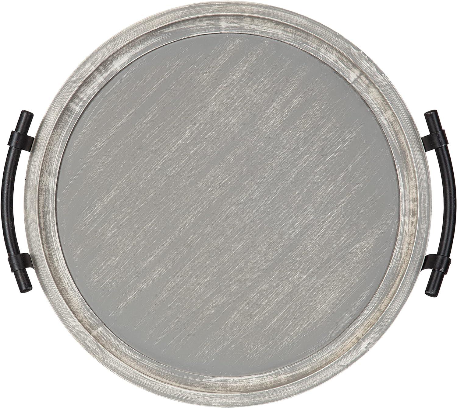 Rustic Gray Distressed Wooden Round Tray with Metal Handles