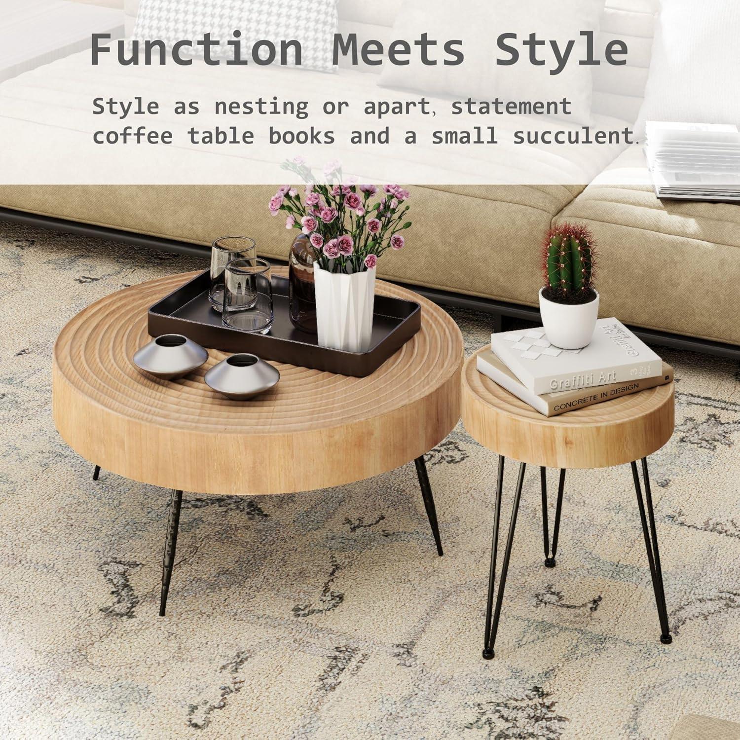COZAYH 2-Piece Modern Farmhouse Living Room Coffee Table Set, Nesting Table Round Natural Finish with Handcrafted Wood, Ring Pattern