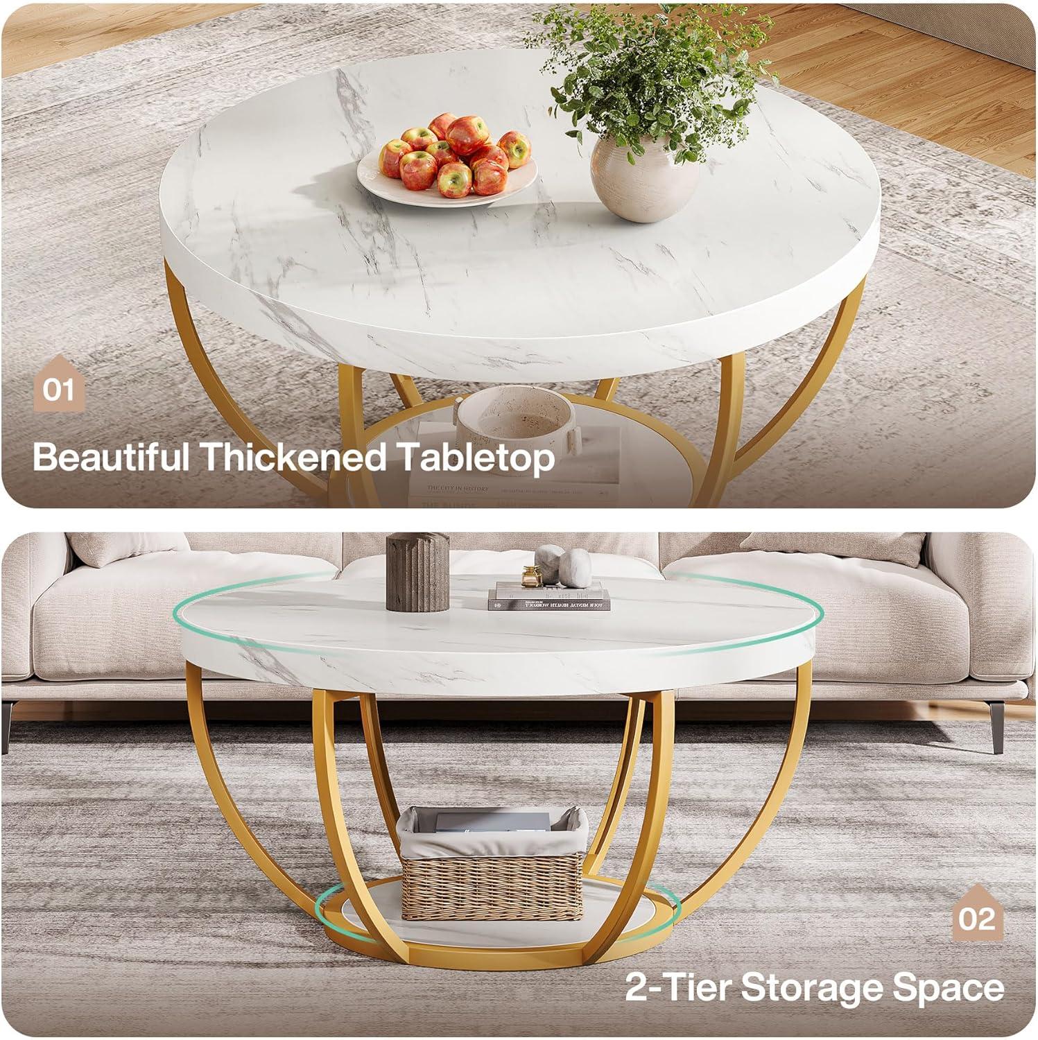 Kepooman Wooden Coffee Table, 2-Tier Round Central Cocktail Table with Shelves,White