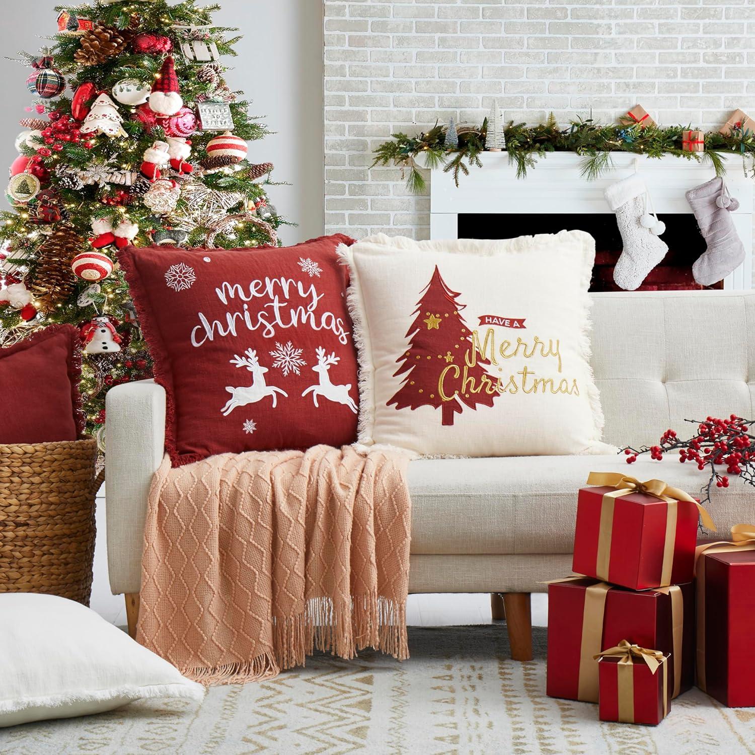 Christmas Pillow Covers 12X20 Set Of 2 - Xmas Decorative Farmhouse Linen Throw Pillow Cases Holiday Sofa Couch Cushion Covers Merry Christmas
