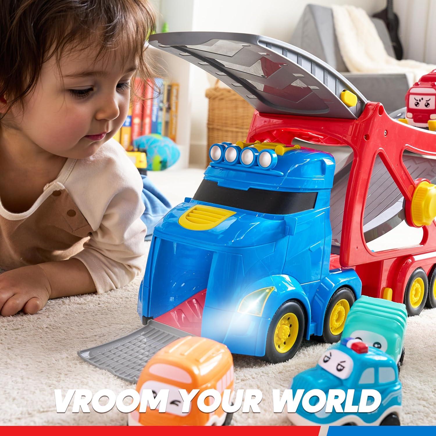 Extra Large Toy Trucks for Toddlers, 3-Layer City Trucks for 2 3 4 Year Old Kids, 7-in-1 Big Transport Vehicle Carrier Truck with Siren & Lights and 6 Toy Cars, Birthday Gifts for Boys Girls