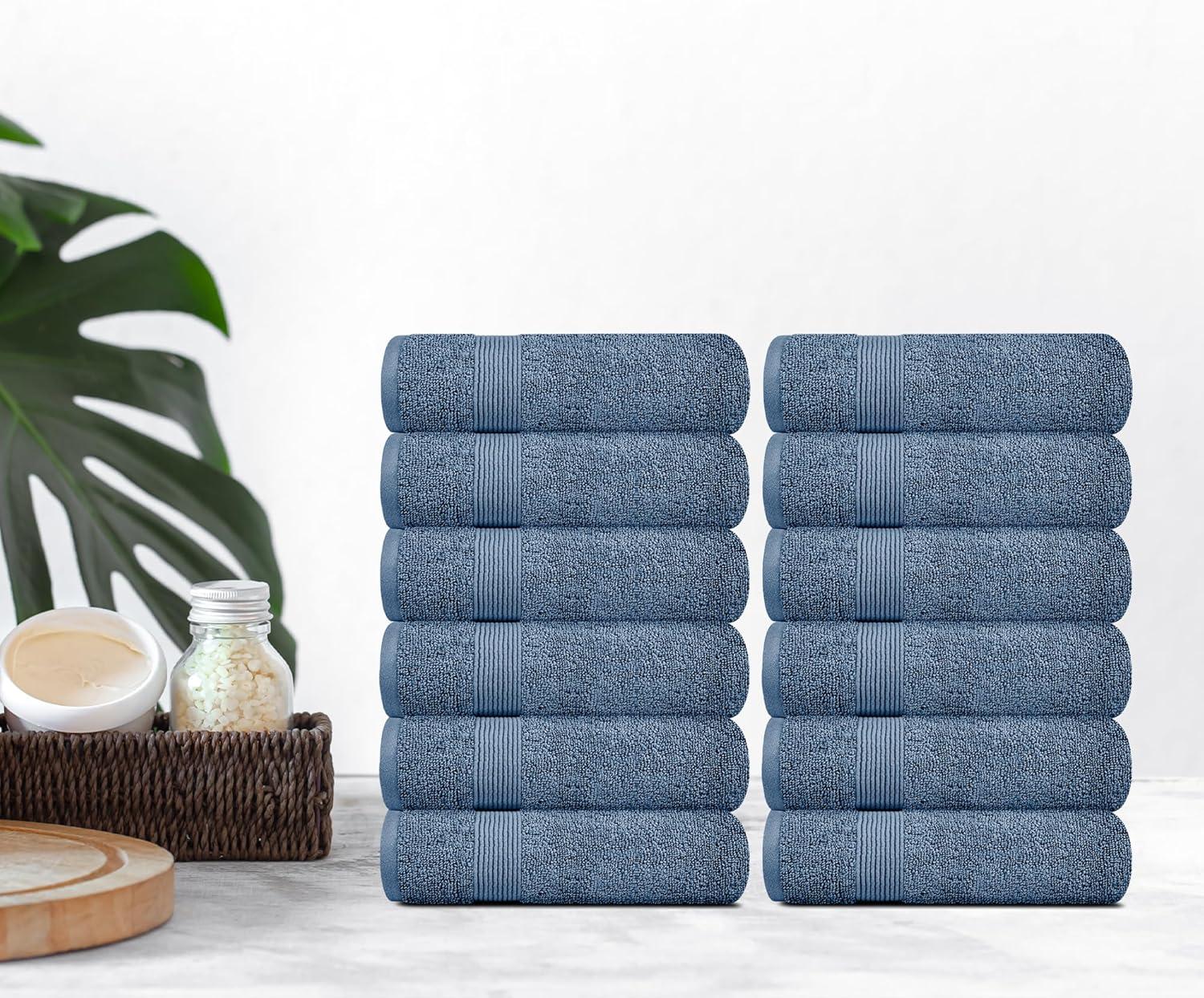 BC BARE COTTON Luxury Hotel & Spa Towel Turkish Cotton Washcloths - Dobby Border (13x13 Inches) - Set of 12 - Wedgewood