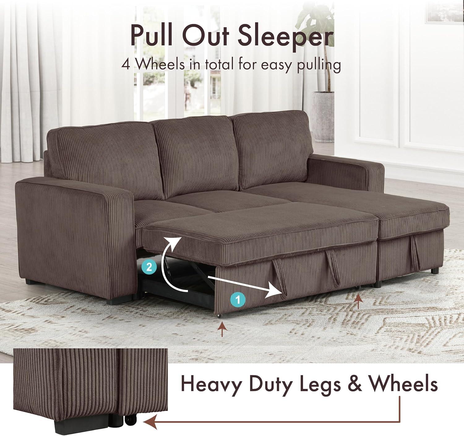 HOMES: Inside + Out Paeke Sleeper Sectional Sofa Corduroy with Storage Chaise and Reversible Brown