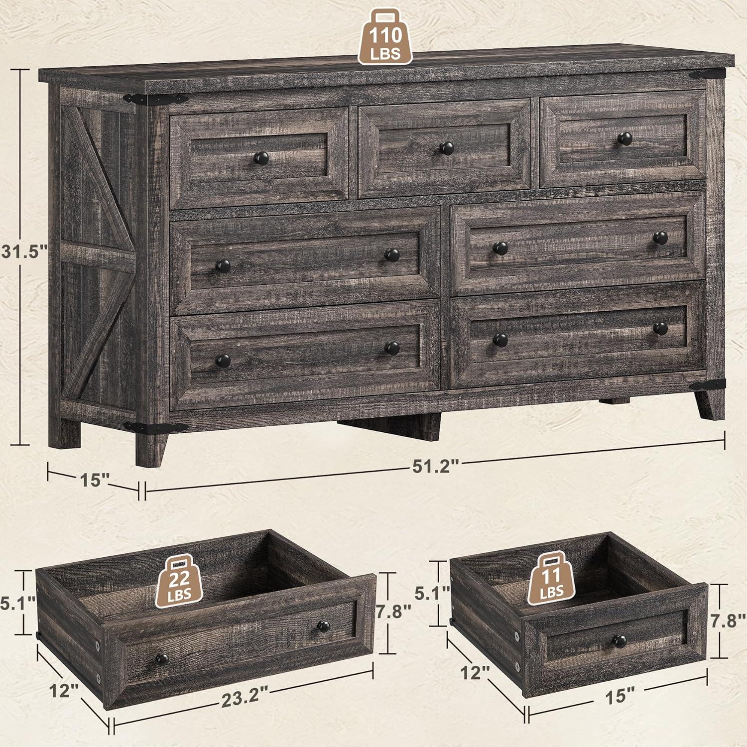 Dark Rustic Oak Farmhouse 7-Drawer Wood Dresser