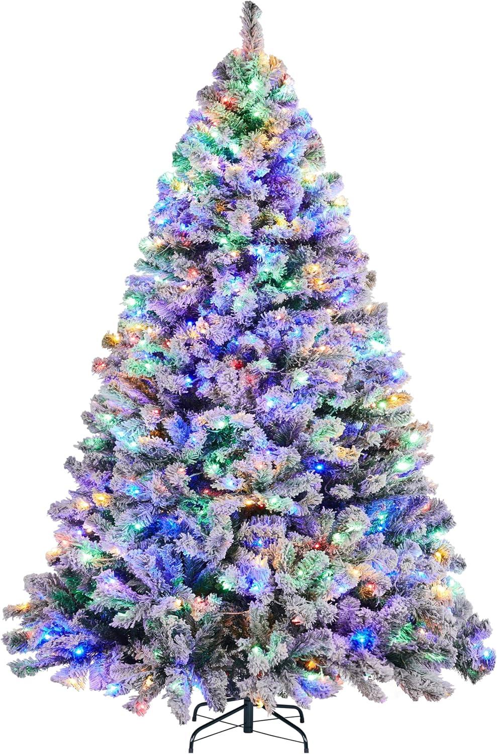 Killeryuki 6ft Pre-lit Spruce Artificial Christmas Tree Snow Flocked Hinges Tree with 250 Multicolor LED Lights & 820 Branch Tips & Metal Stand for Home, Office, Party Decoration, White