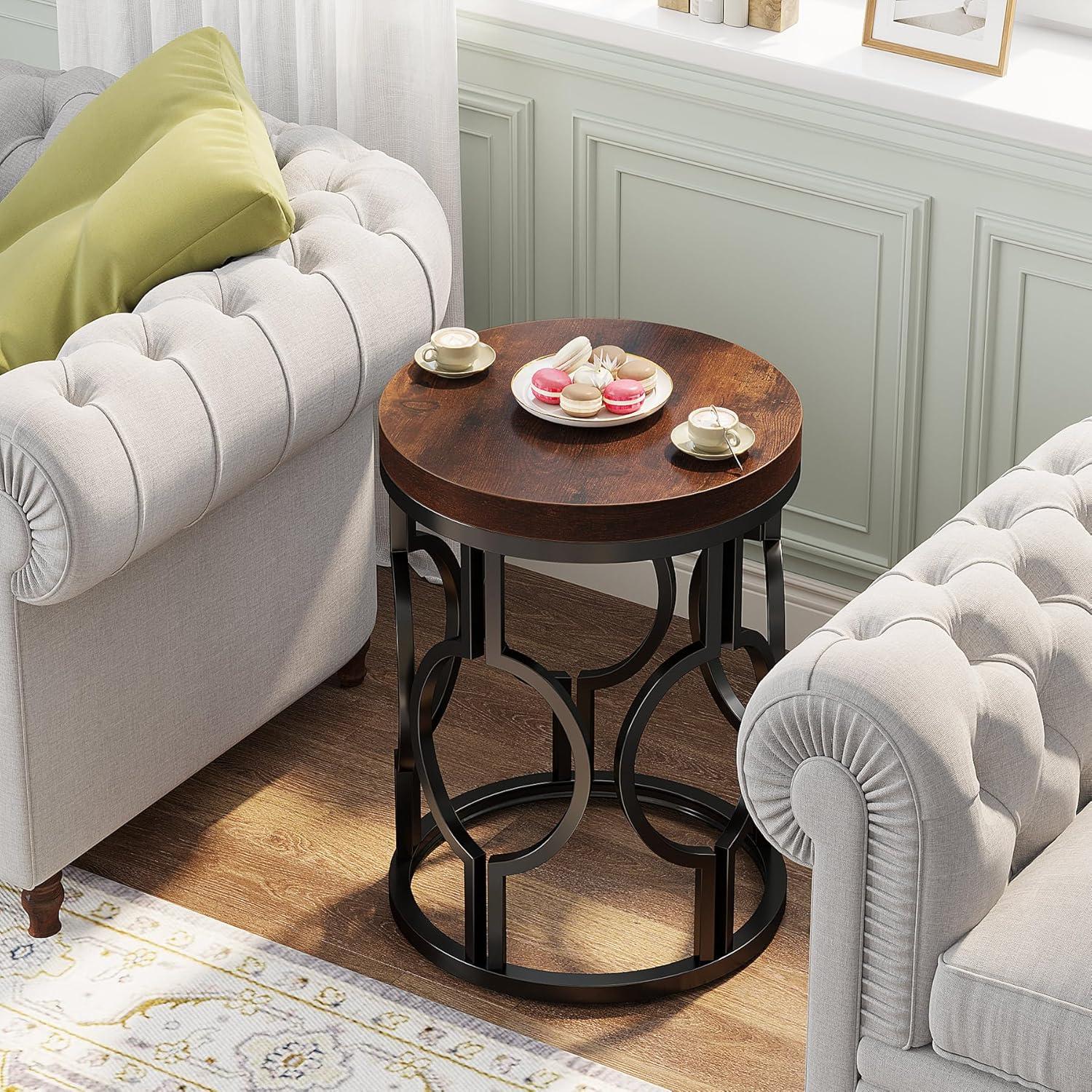 Rustic Brown Round Wood and Metal End Table