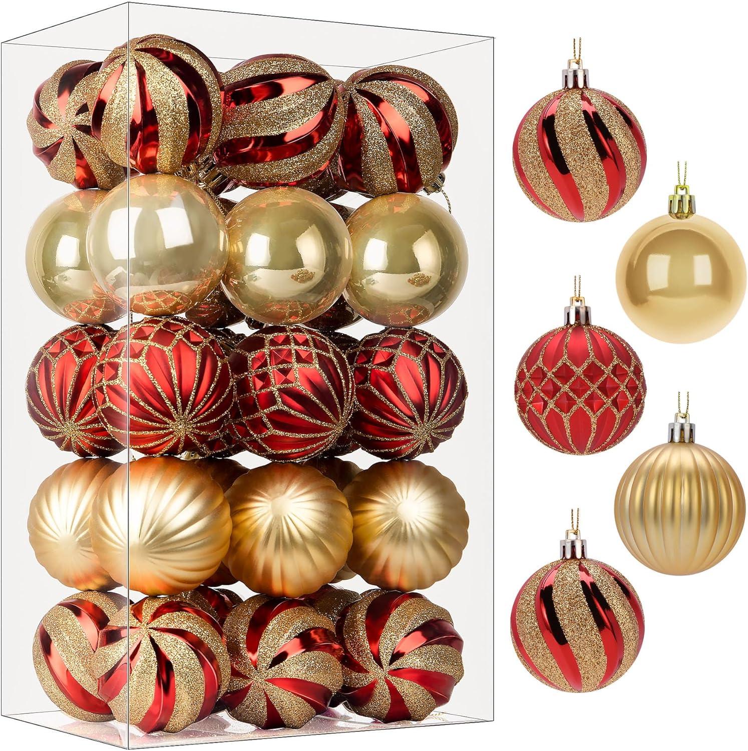 30CT Christmas Balls Ornaments, 2.36 Inch Colored Shatterproof Plastic Decorative Baubles for Xmas Tree Decor, Red & Gold, 60mm