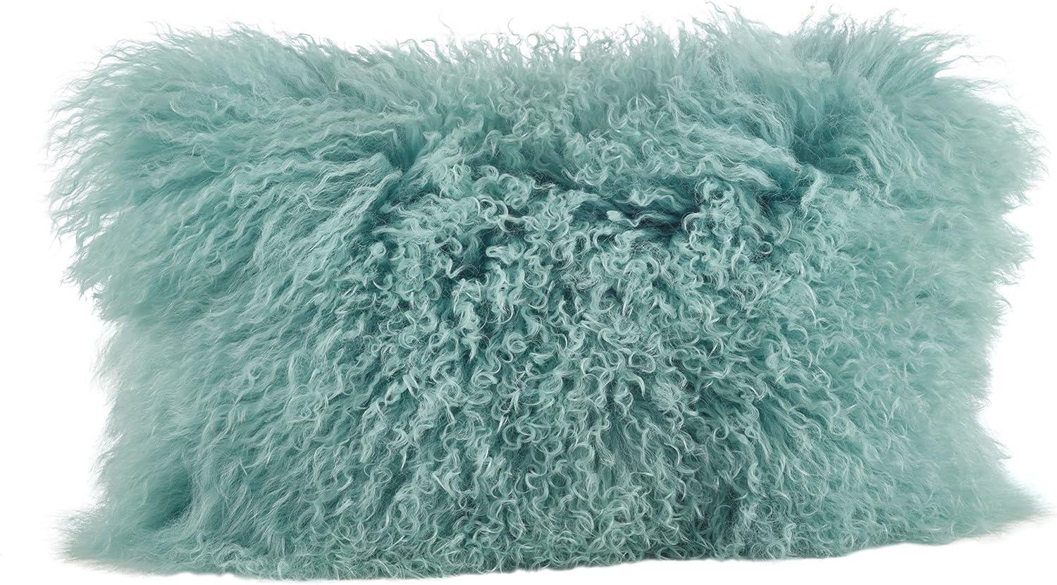 Mint Wool Mongolian Lamb Fur Rectangular Throw Pillow