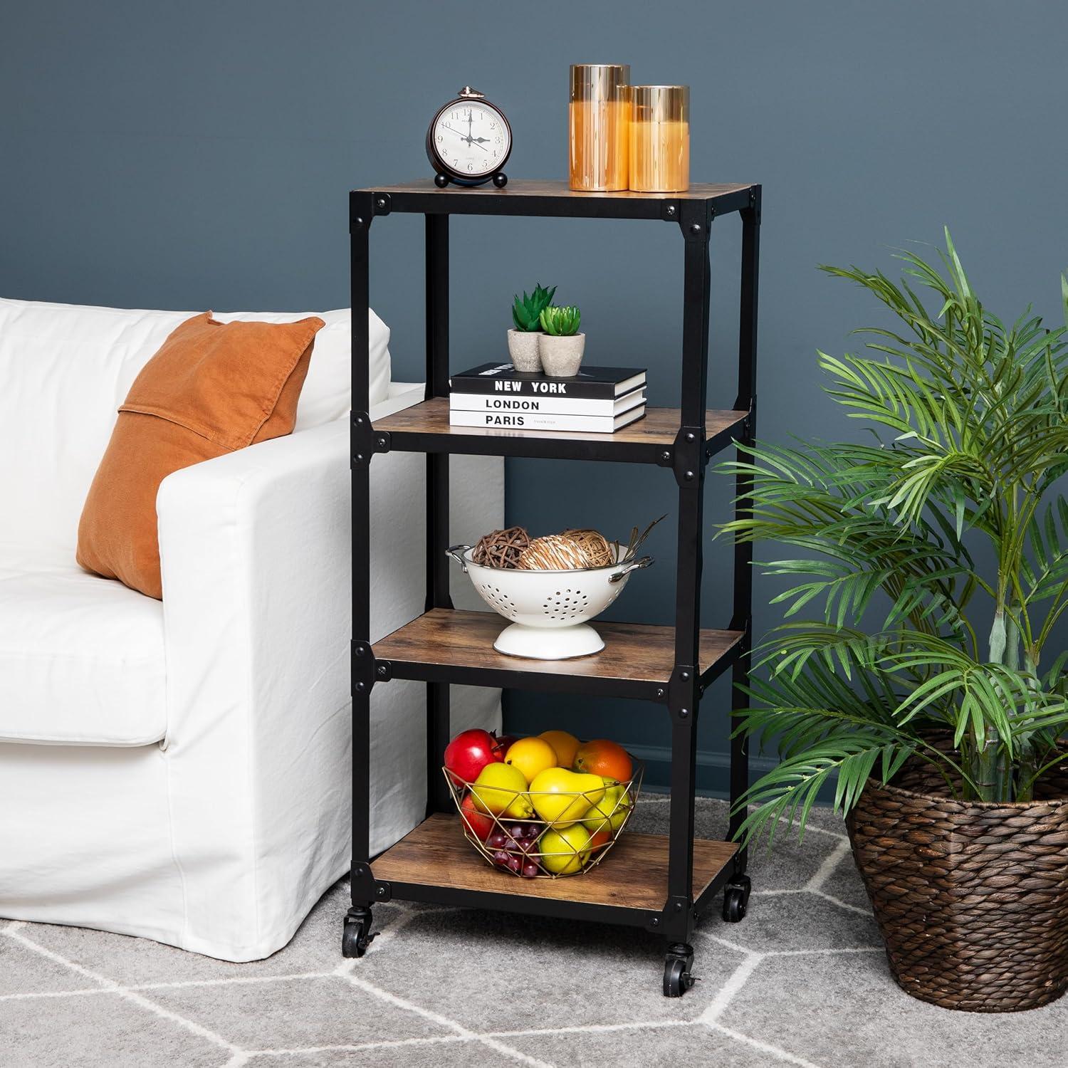 Brown Wood and Black Metal 4-Tier Rolling Utility Cart