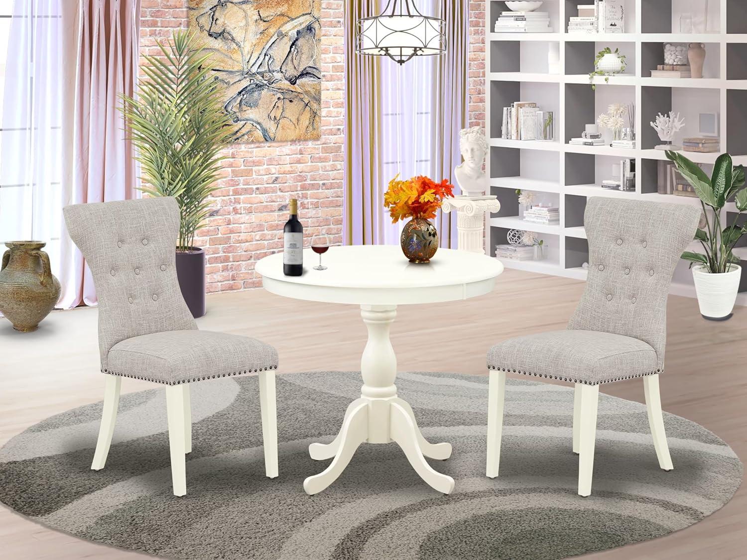 Linen White Round Dining Table Set with Tufted Chairs