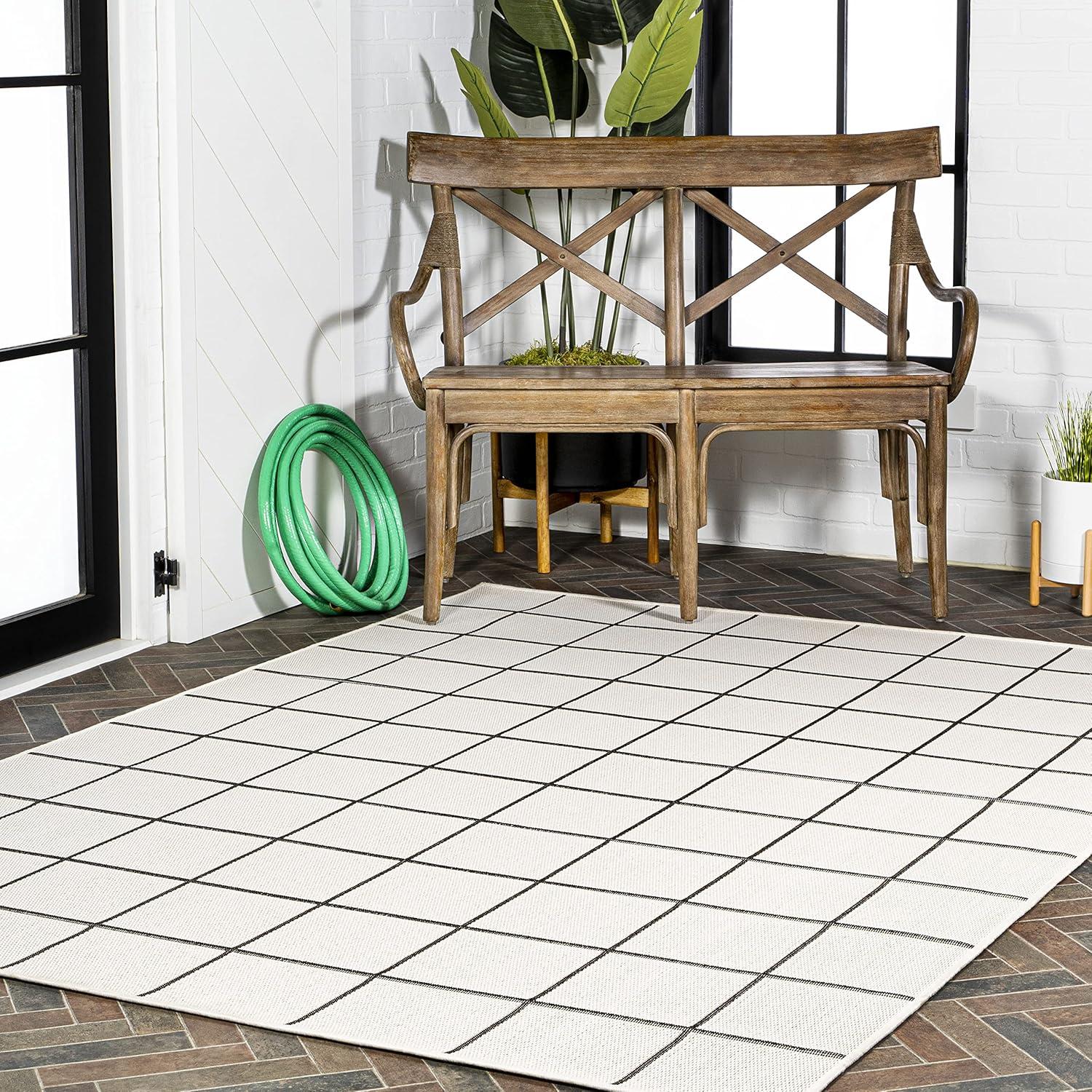 4' x 6' Grid Modern Squares Indoor/Outdoor Area Rug, Cream/Black - JONATHAN Y