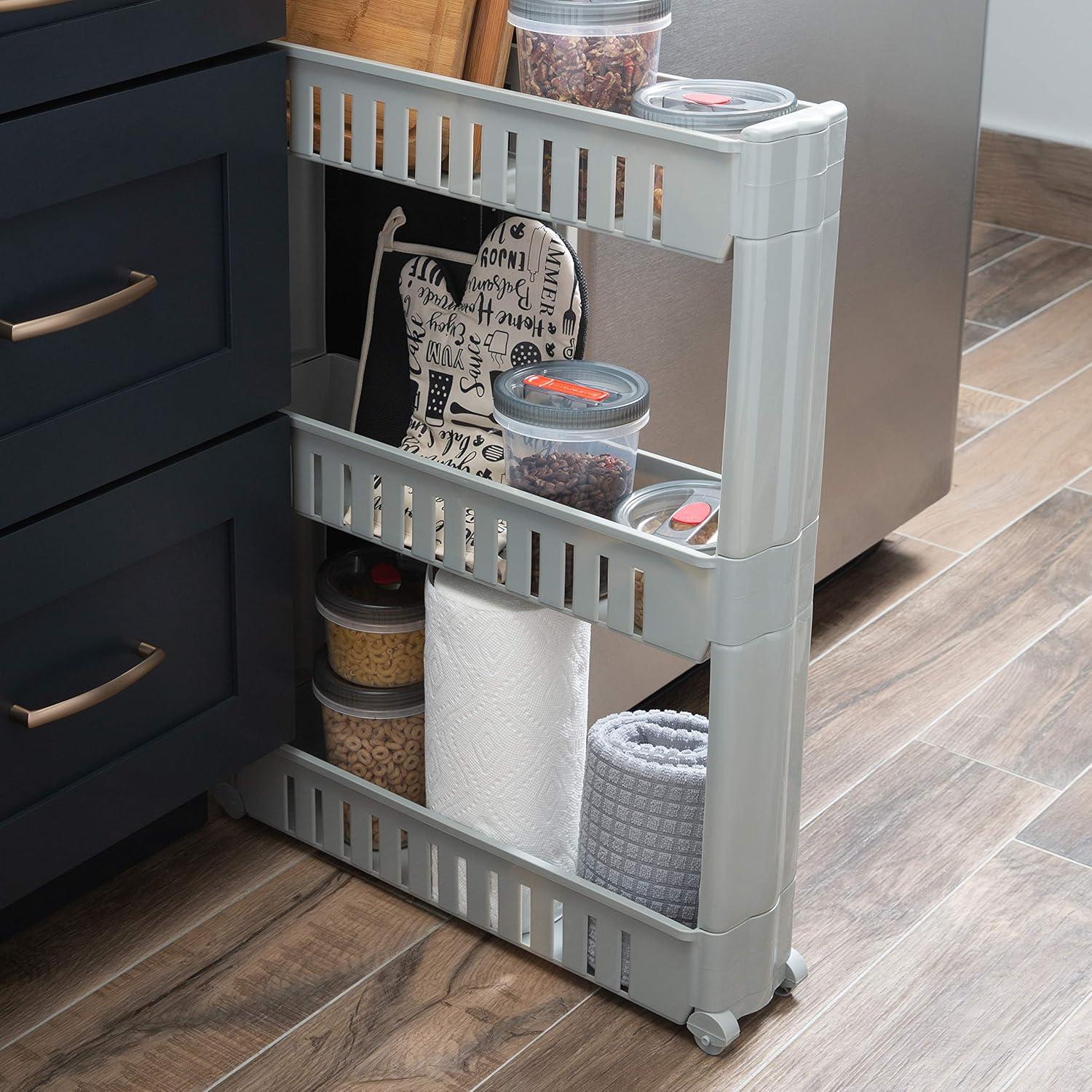 Simplify 3 Tier Slim Slide Out Plastic Storage Cart in Grey for Laundry Room or Closet