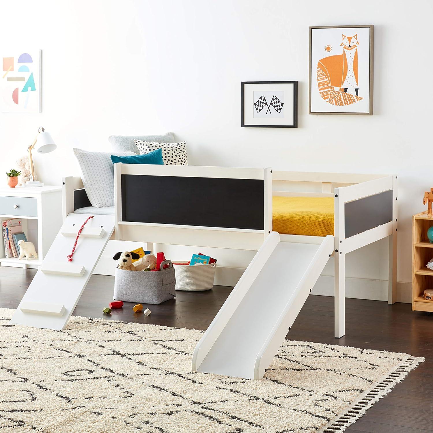 Twin Loft Bed with Storage Drawer and Playful Slide in White Wash Pine