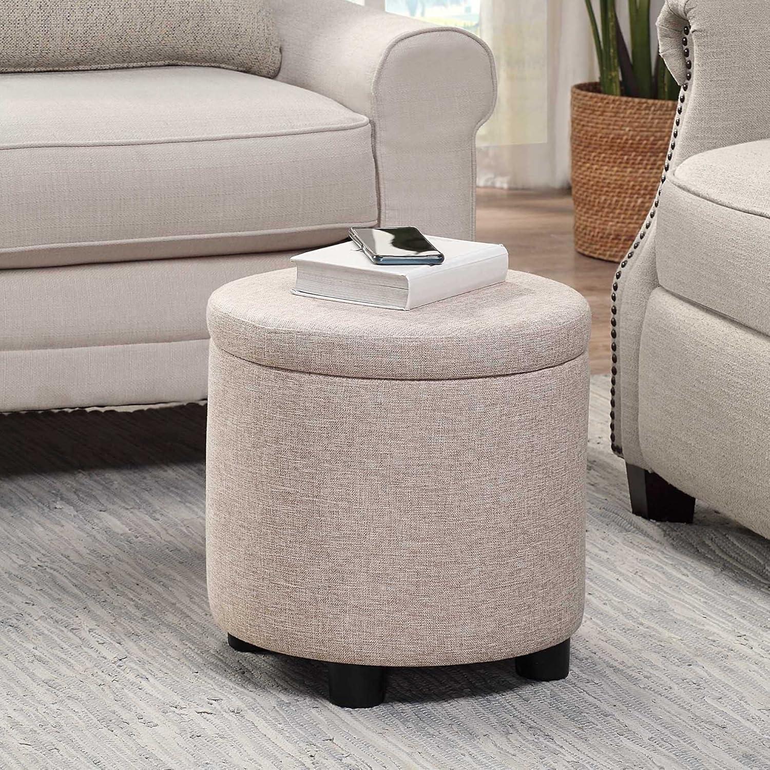Designs4Comfort Round Accent Storage Ottoman with Reversible Tray Lid, Tan Fabric