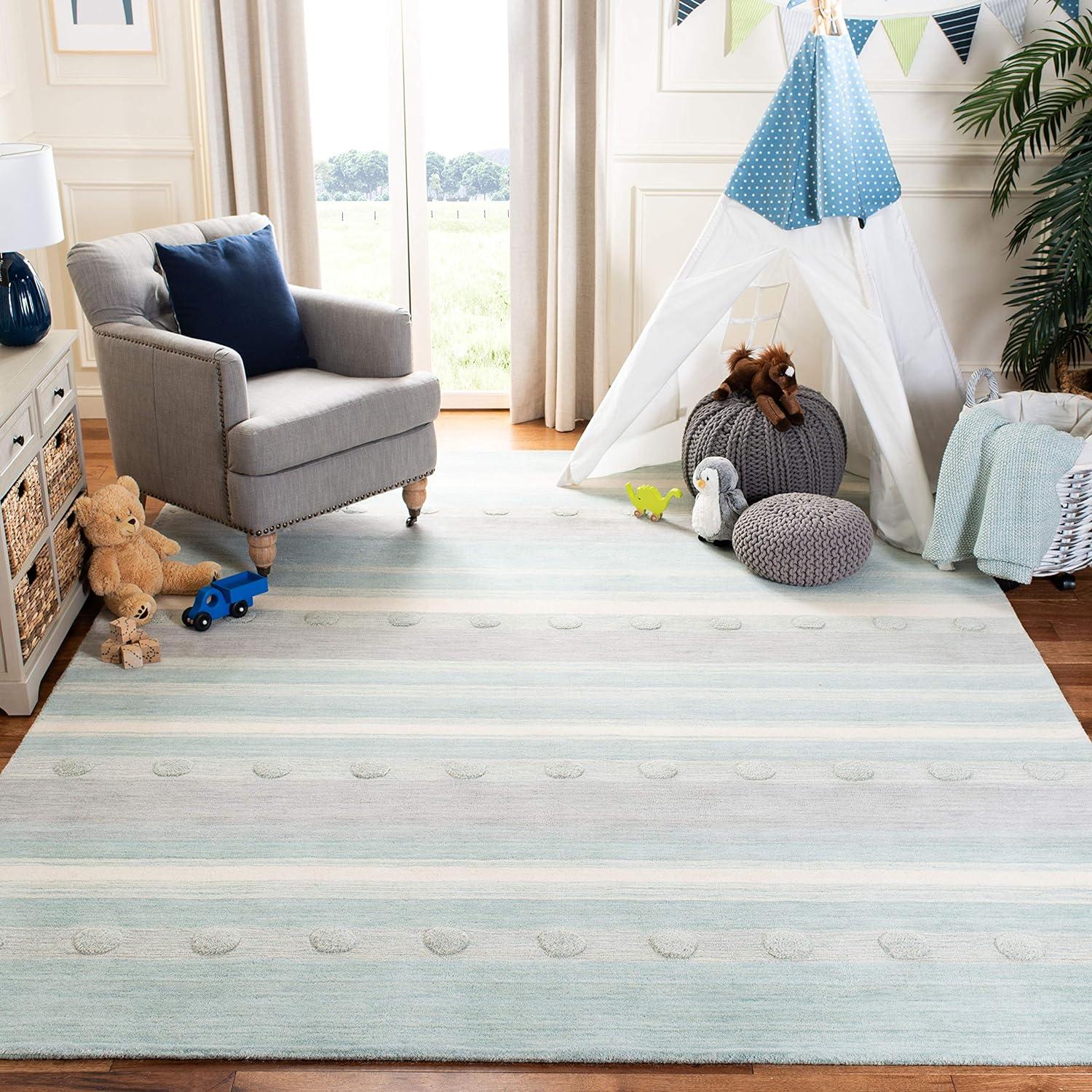 Aqua and Ivory Hand-Tufted Wool Round Kids Area Rug 8' x 10'