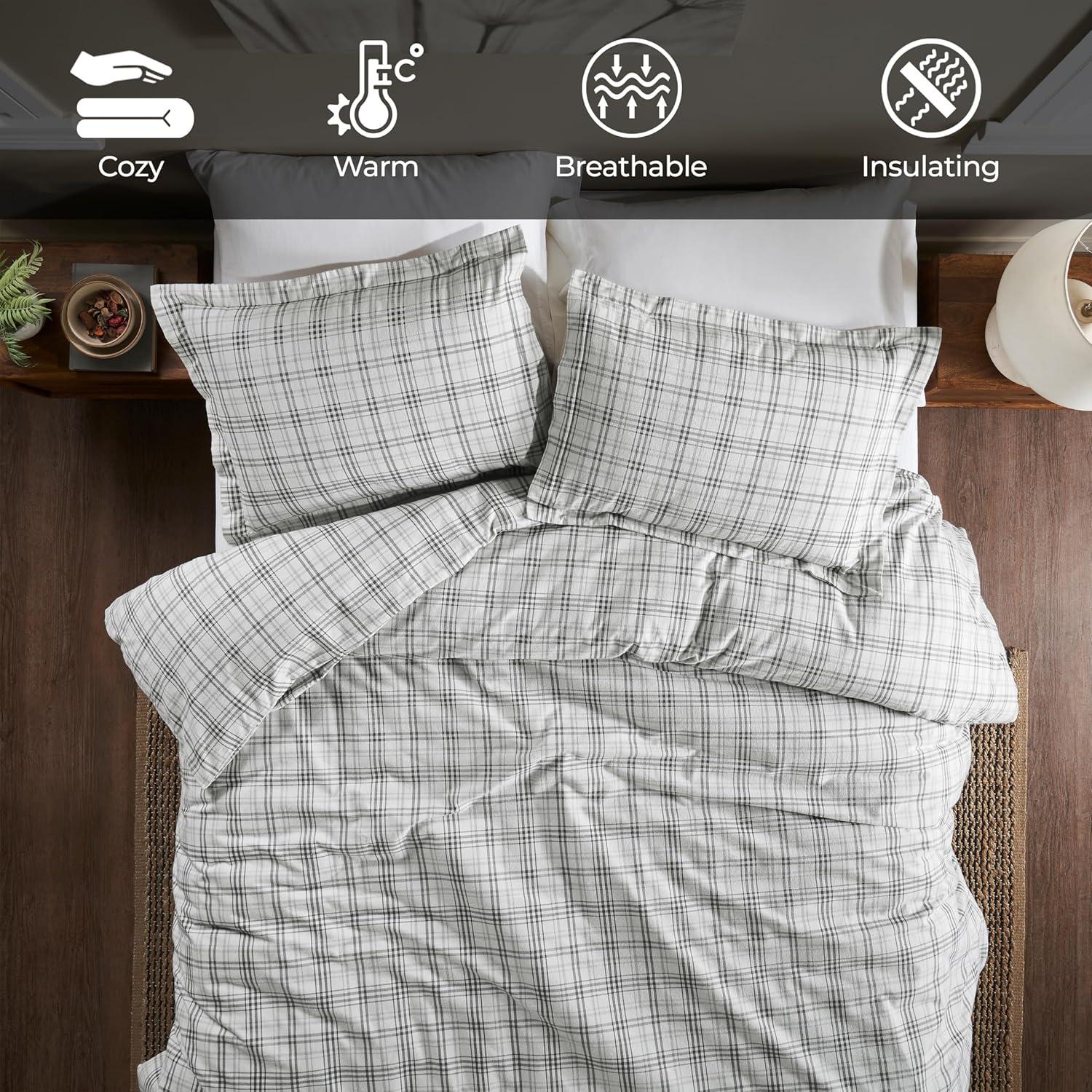 Superior Plaid Flannel Cotton Duvet Set, Fuzzy Warm Duvet Cover, Rustic Farmhouse Bedding, Basics, Comforter Cover, Includes 1 Duvet Cover, 2 Pillow Shams, King/California King, Charcoal