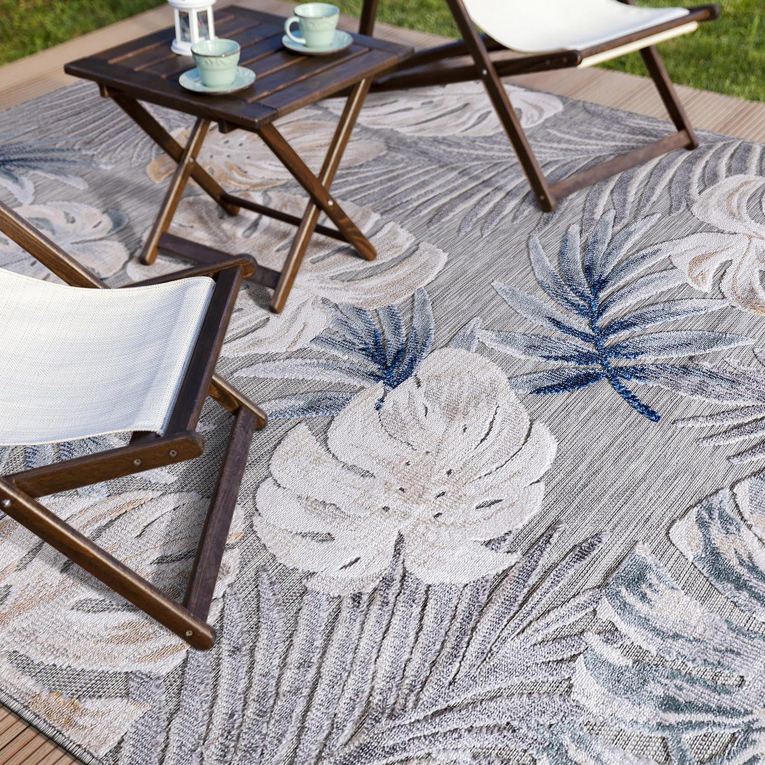 CAMILSON Spring Leaf Tropical Botanical Easy-Cleaning Non-Shedding Washable Outdoor Indoor Area Rug Blue 9x12