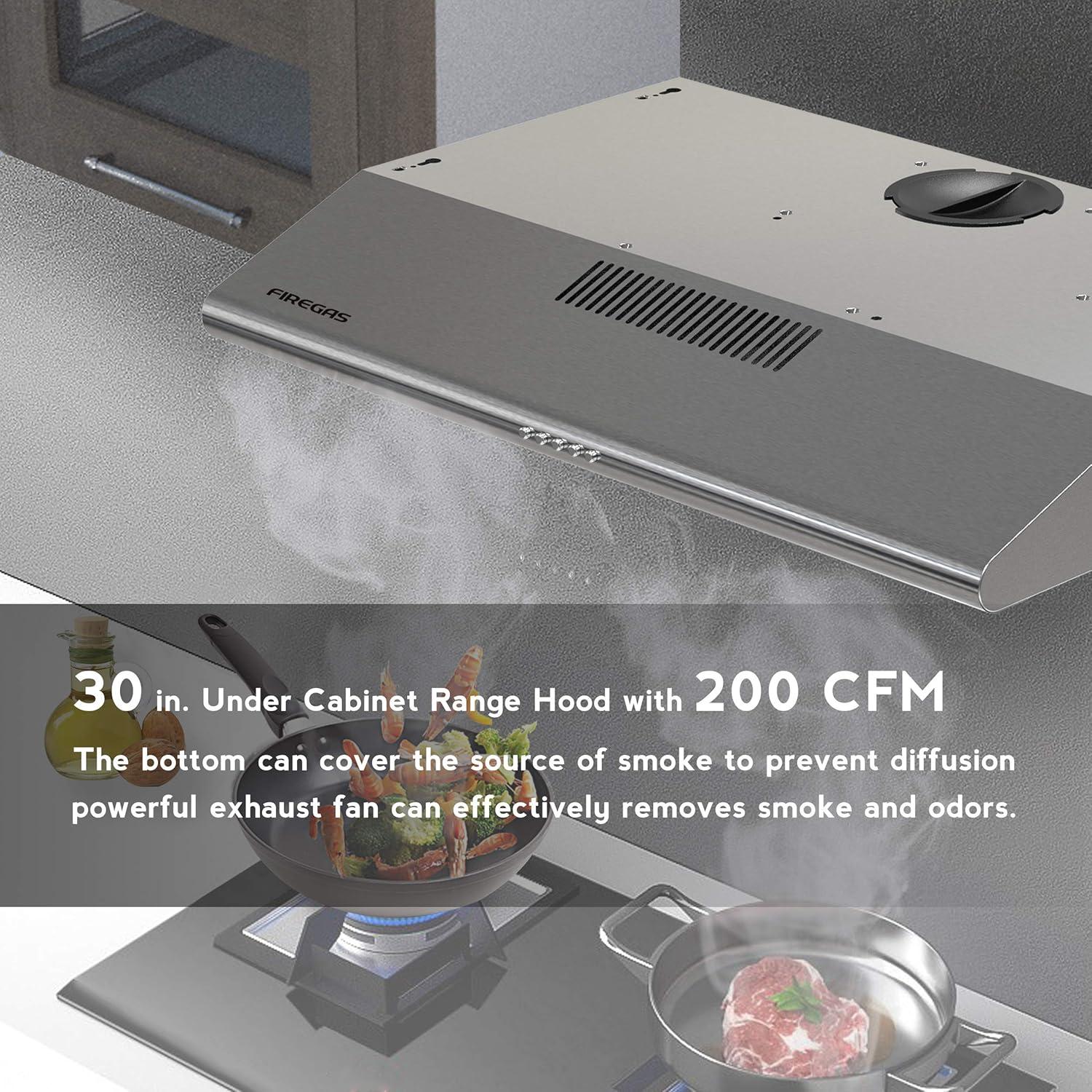 FIREGAS 36 inch Under Cabinet Range Hood 300CFM with Ducted/Ductless Convertible, Slim Kitchen Over Stove Vent, 3 Speed Exhaust Fan, Reusable Aluminum Filters, Push Button, Black