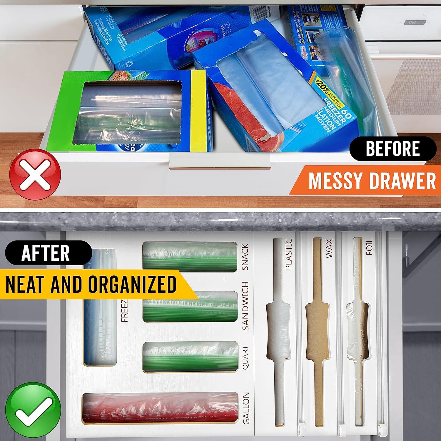 Chef's Haven 9 IN 1 Storage Bag Organizer, Foil and Plastic Wrap Organizer with Cutters, Bamboo Kitchen Baggie for Drawer, Pantry & Countertop, Storage for Gallon, Quart, Sandwich, Snack Bag