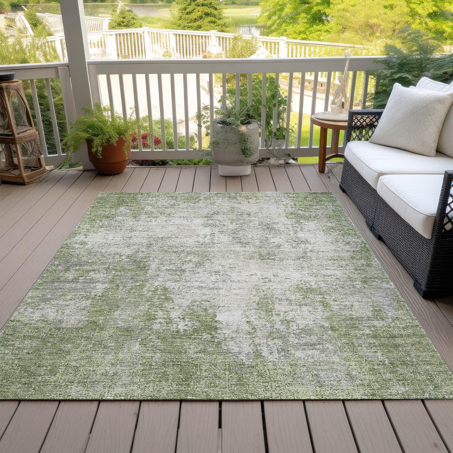 Green Abstract Flat Woven Synthetic Indoor Outdoor Rug