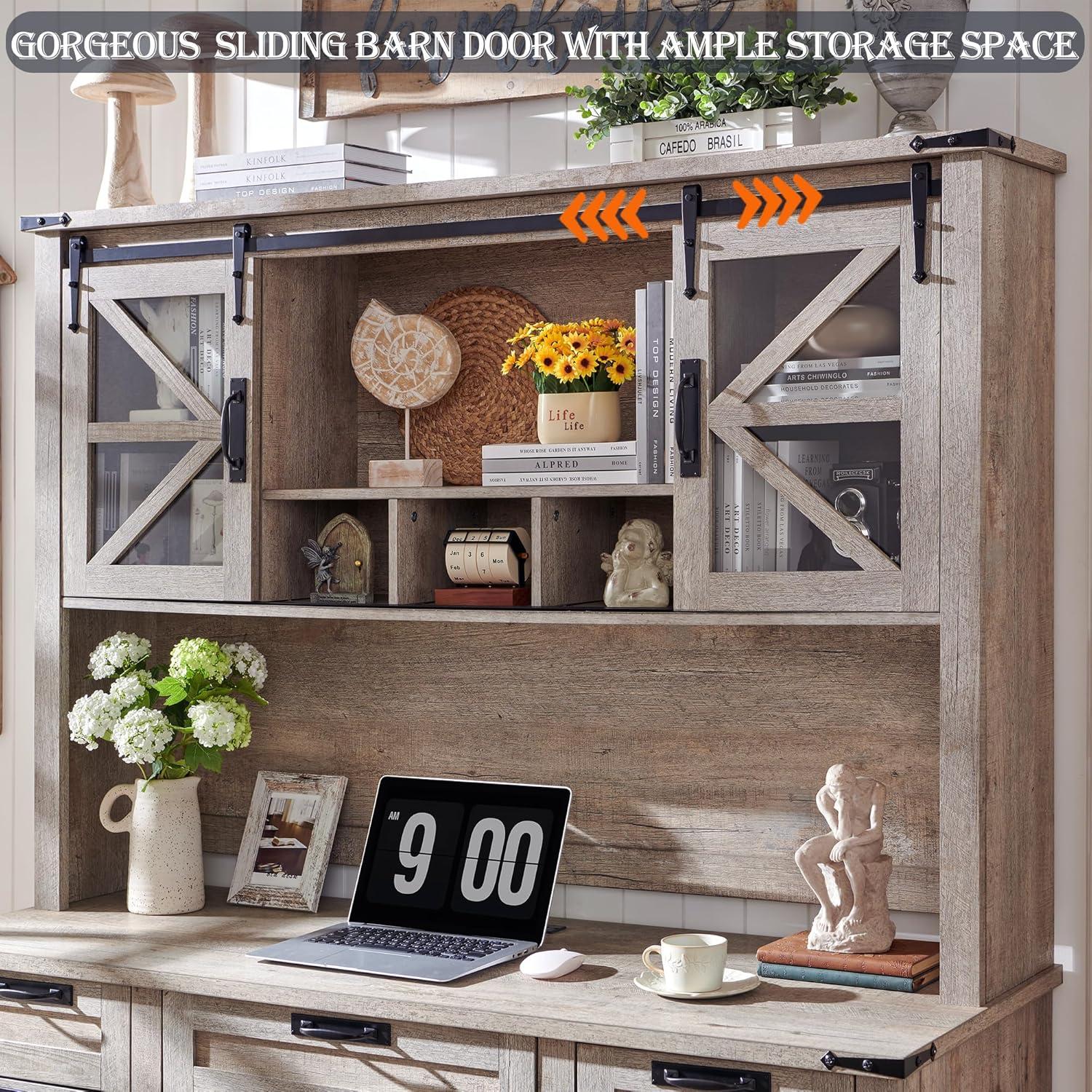 RedLemon 60" Farmhouse L Shaped Desk with Hutch, Wood Home Office Executive Desk with Drawer, Charging Station, File Drawer, Storage Cabinet, Rustic Writing Computer Desk (Antique White)