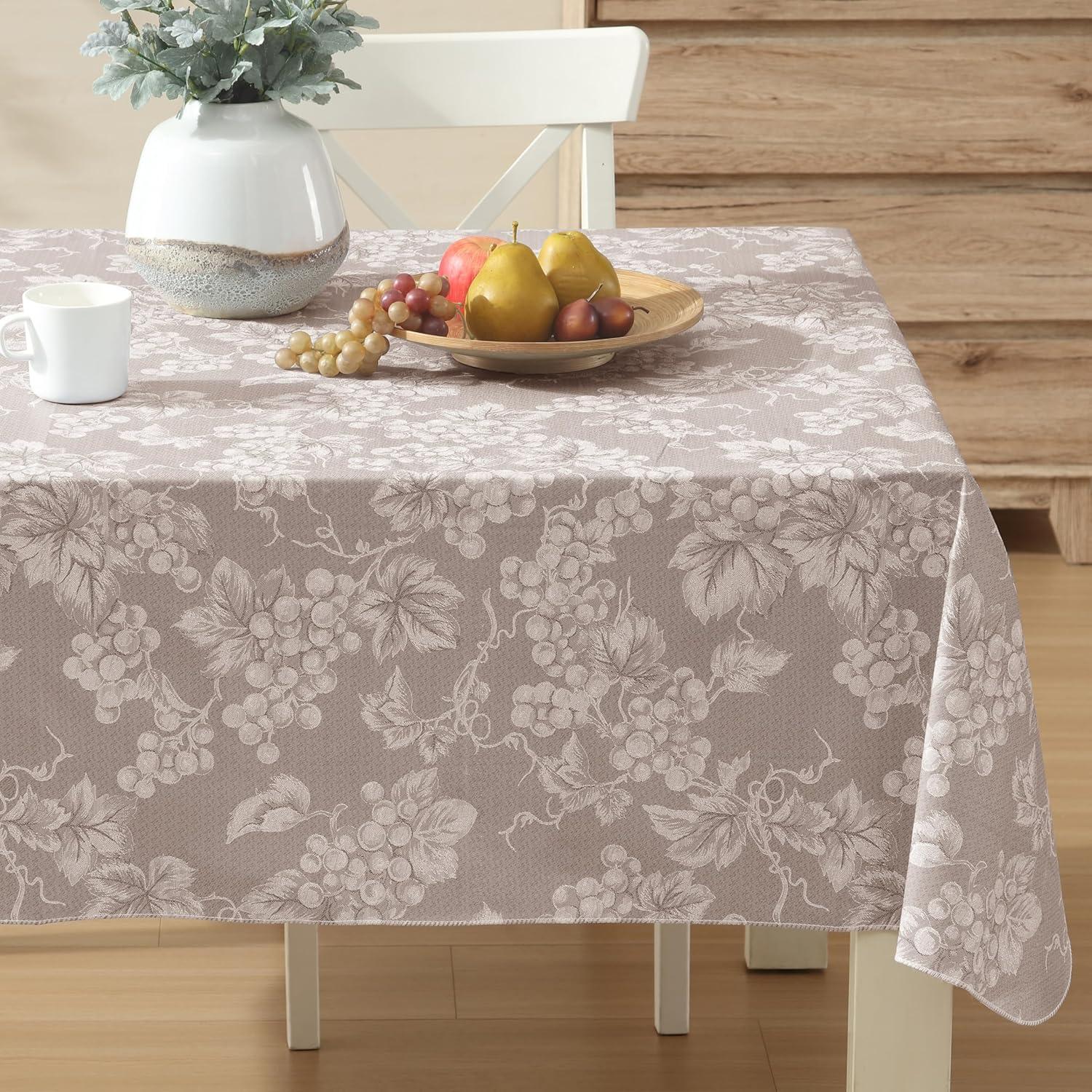 Taupe Grapevine Print Vinyl Tablecloth with Flannel Backing