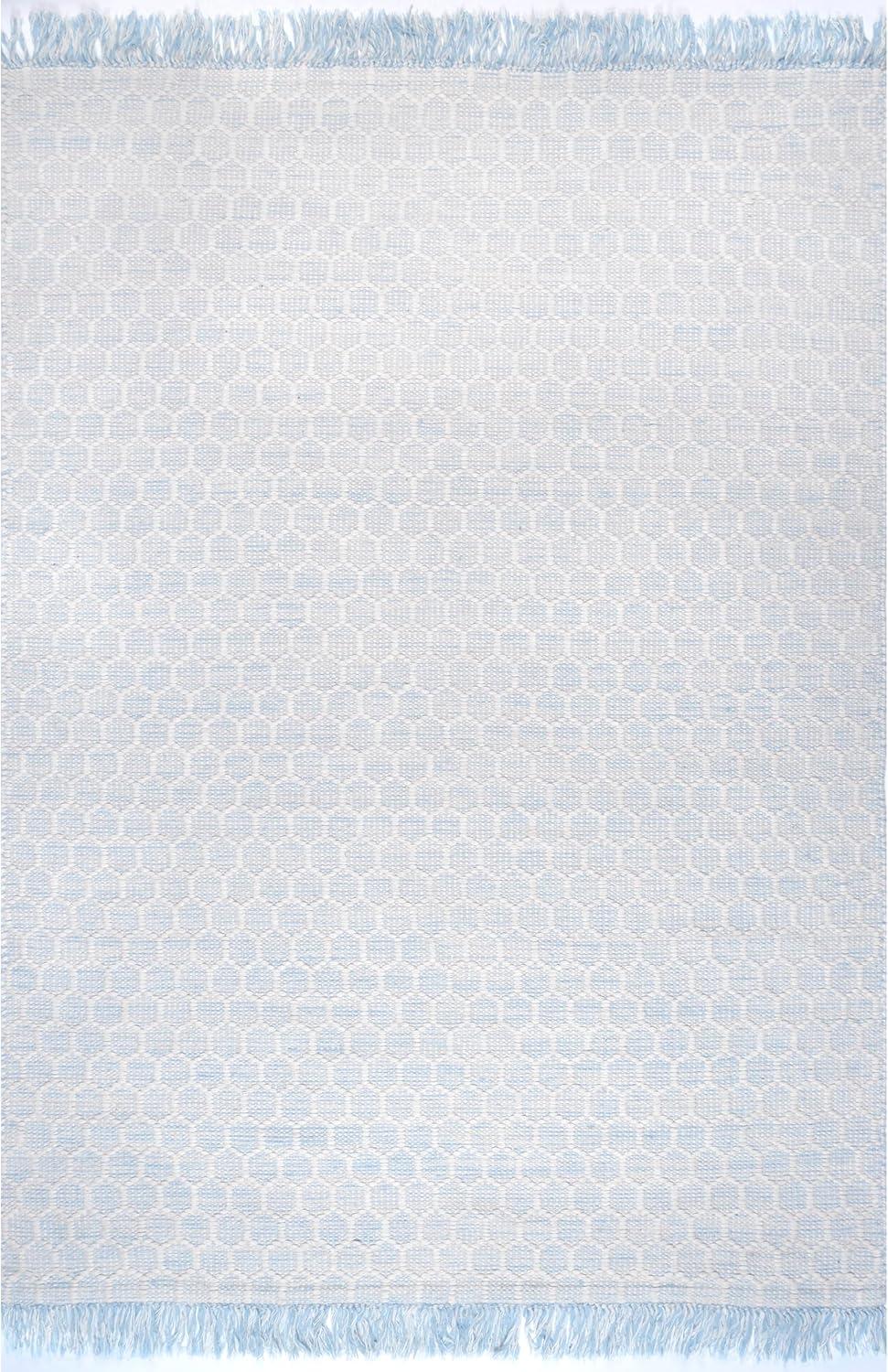 Handmade Honeycomb Geometric Wool-Cotton Rug in Baby Blue, 3' x 5'