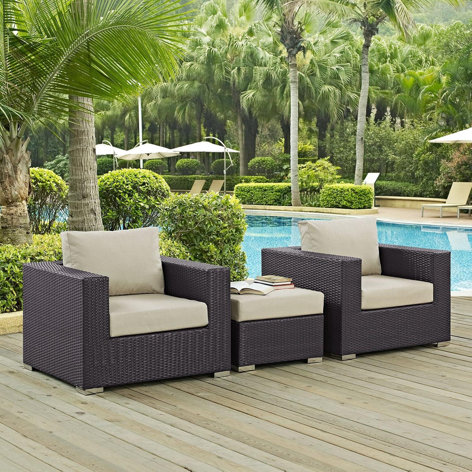 Espresso Beige Wicker Rattan 3-Piece Outdoor Sofa Set