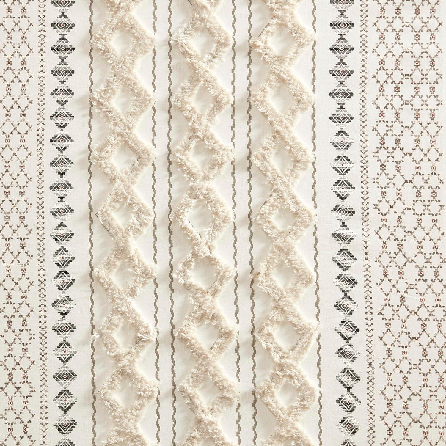 INK+IVY Imani Cotton Printed Curtain Panel with Chenille Stripe and Lining, Ivory, 50x95"