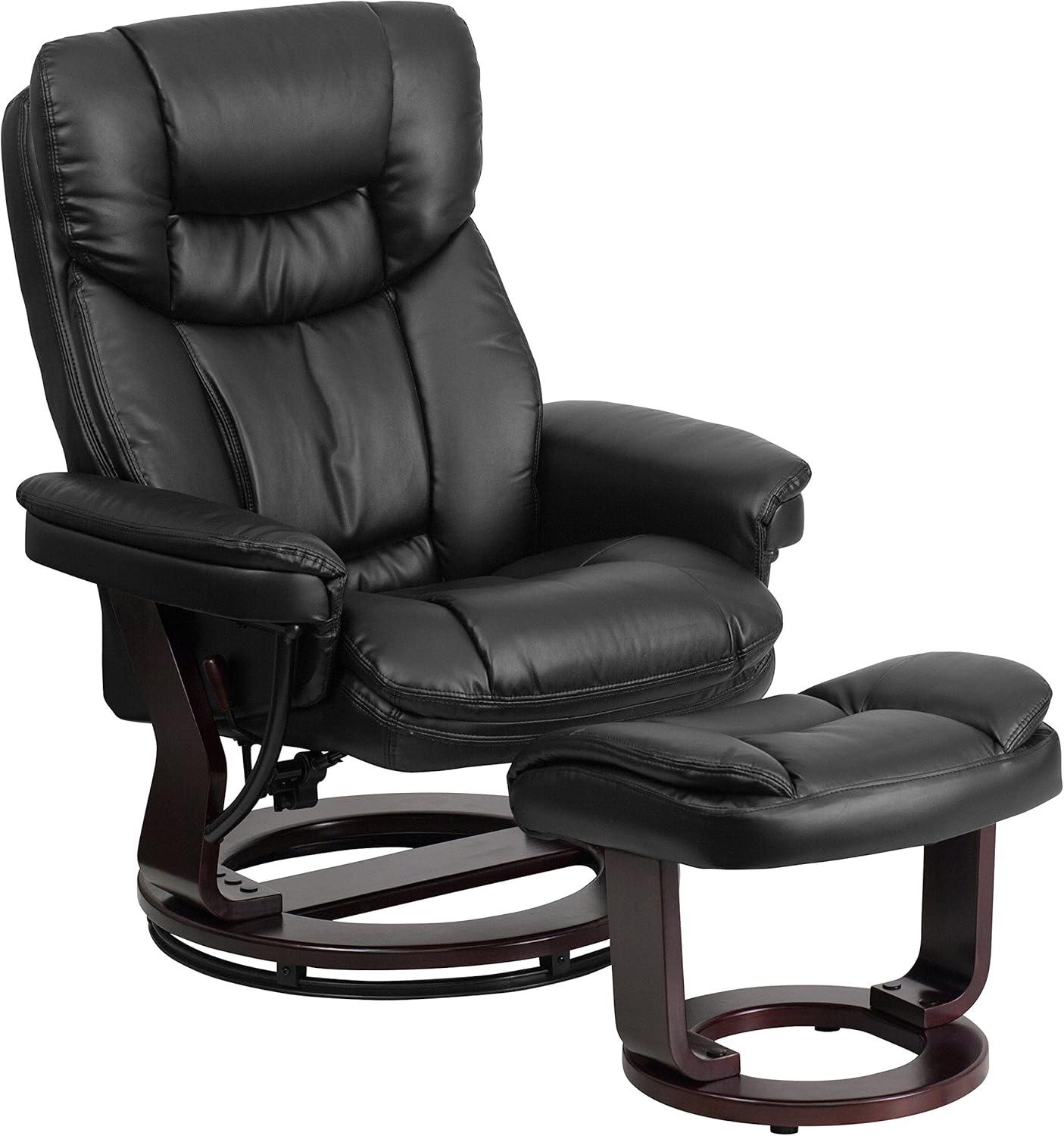 Flash Furniture Contemporary Multi-Position Recliner and Curved Ottoman with Swivel Mahogany Wood Base in Black LeatherSoft