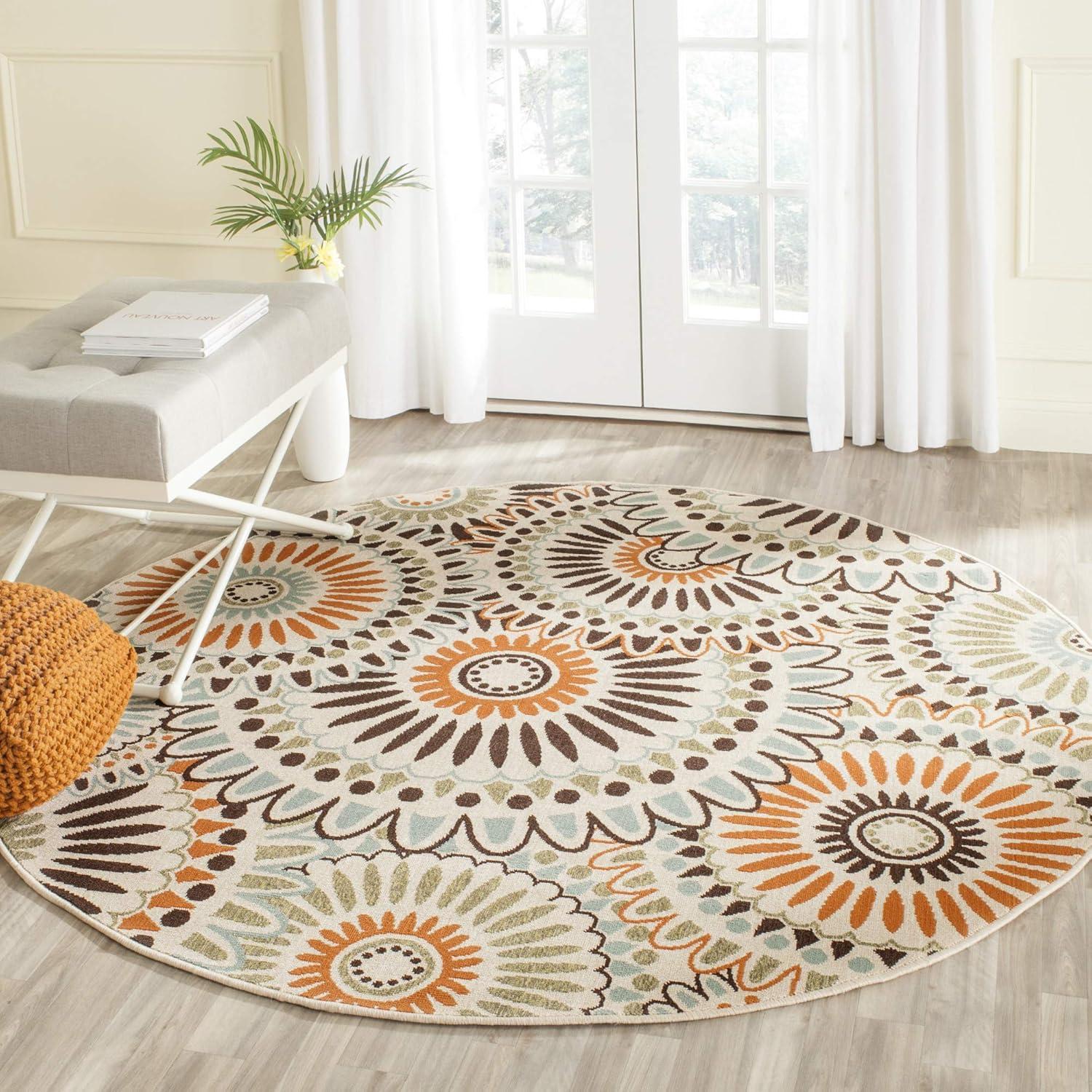 Round Cream and Chocolate Synthetic Floral Area Rug