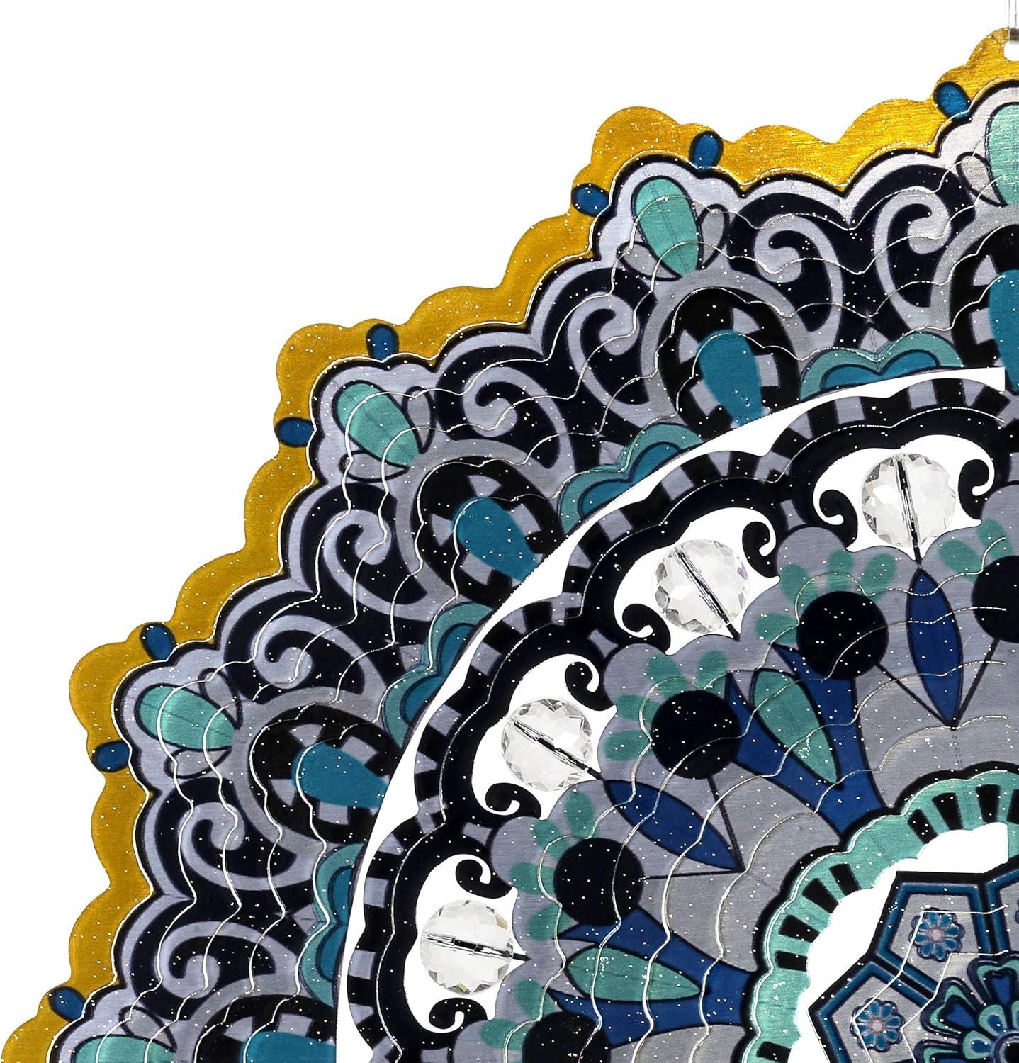 Exhart Wind Spinner, Blue and Black Mandala Hanging Wind Sculpture, 3D Laser Cut Patterns with Bead Details, Metal Outdoor Garden Decoration, Multicolor Lawn and Yard Art, 12 Inch