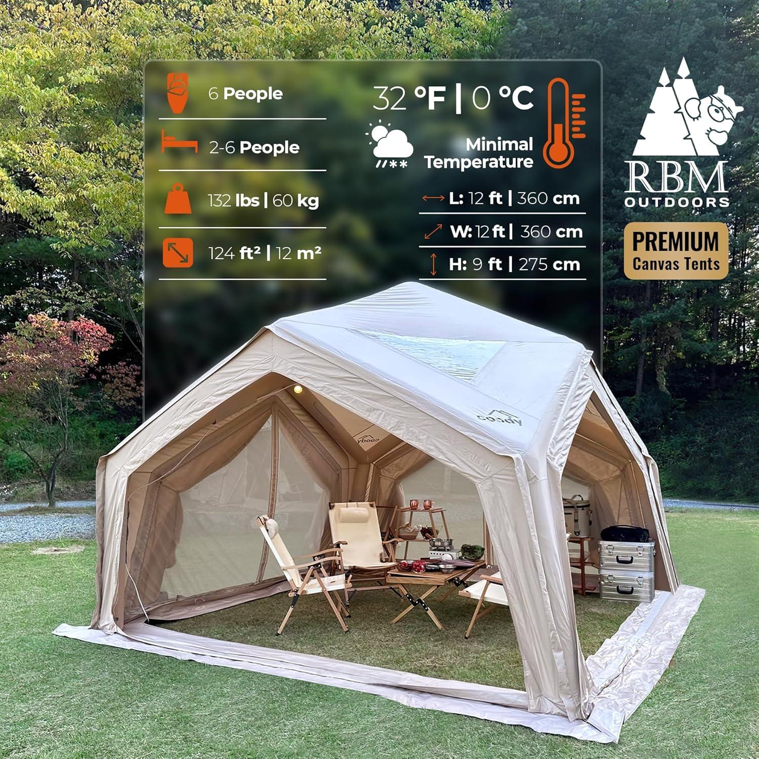 Coody | Rbm Outdoors Koala/Hub/Octopus Inflatable Tents for Camping with Stove Jack, 2/8/10 Person Luxury Canvas Blow Up Tent, 2 Room, Easy Setup Casa de Campaña, Large Inflatable House with Pump