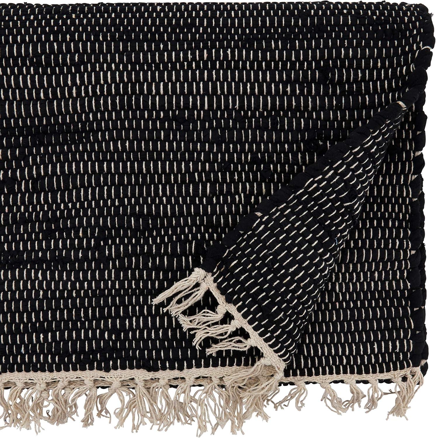 Black Cotton Chindi Table Runner with Tasseled Edges