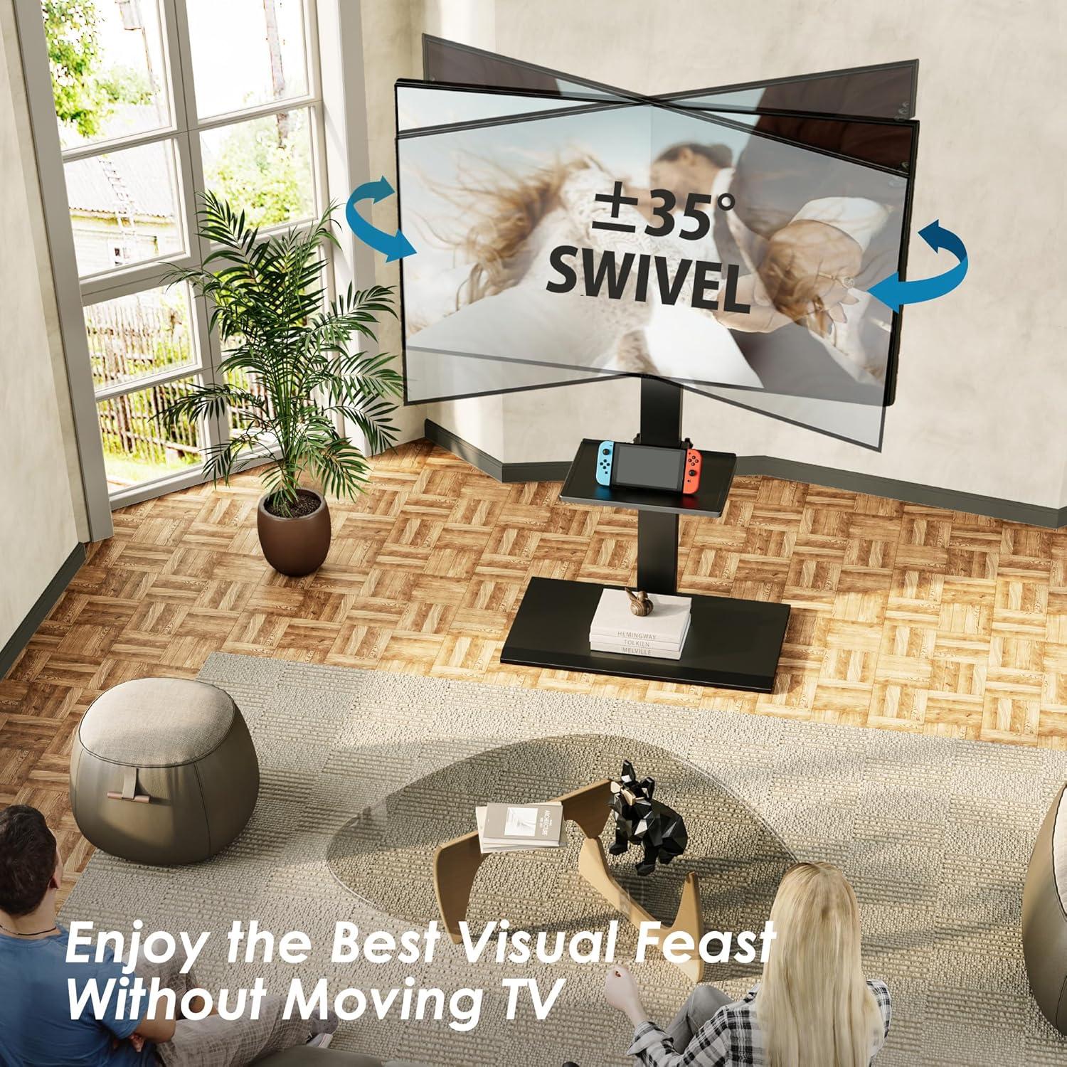 FITUEYES Floor TV Stand Iron Base with Swivel Mount for 50-85 Inch Large LCD/LED TVs Adjustable Shelf Tall Corner TV Stands for Bedroom and Living Room Hold Up to 110 lbs Black