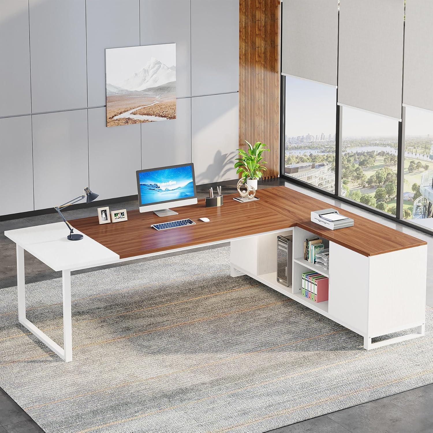 Tribesigns 70.8" L-Shaped Executive Desk with 55" File Cabinet, Large Home Office Computer Desk with Storage Shelves and Cabinet, Modern Business Furniture Set Home Office Workstation, Walnut White