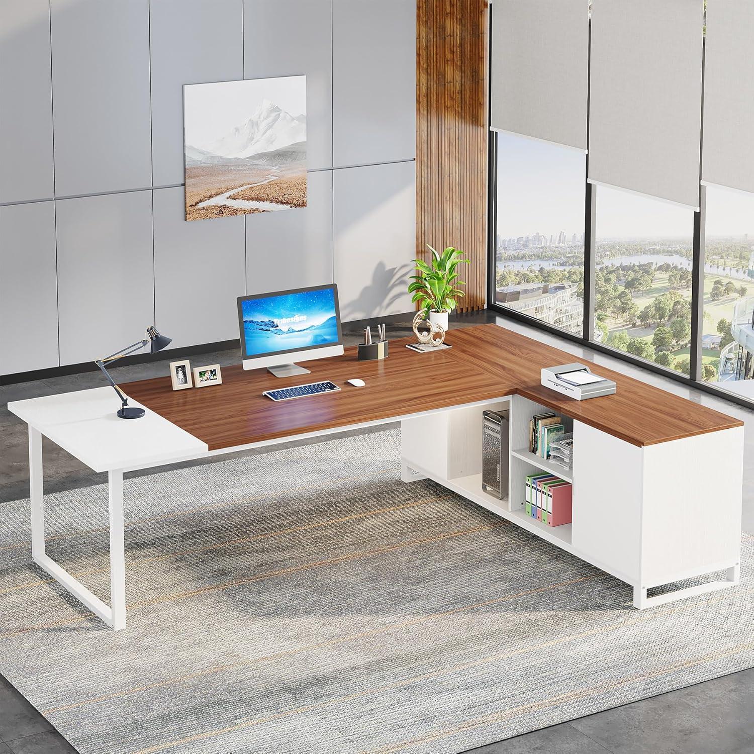 Tribesigns 70.8" Executive Desk with 55" File Cabinet, Industrial L Shaped Computer Desk, Large Executive Desk for Home Office, Walnut & White
