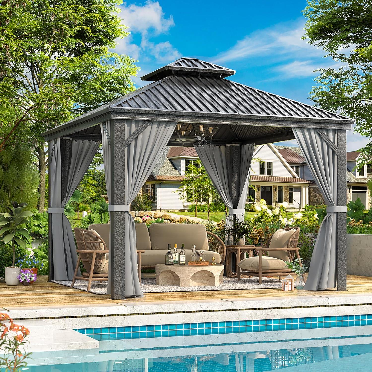 Ulax Furniture 10Ft x 12Ft Patio Hardtop Gazebo Outdoor Aluminum Pergola with Galvanized Steel Double Roof Canopy, Polyester Curtain and Mosquito Net, 10, Brown