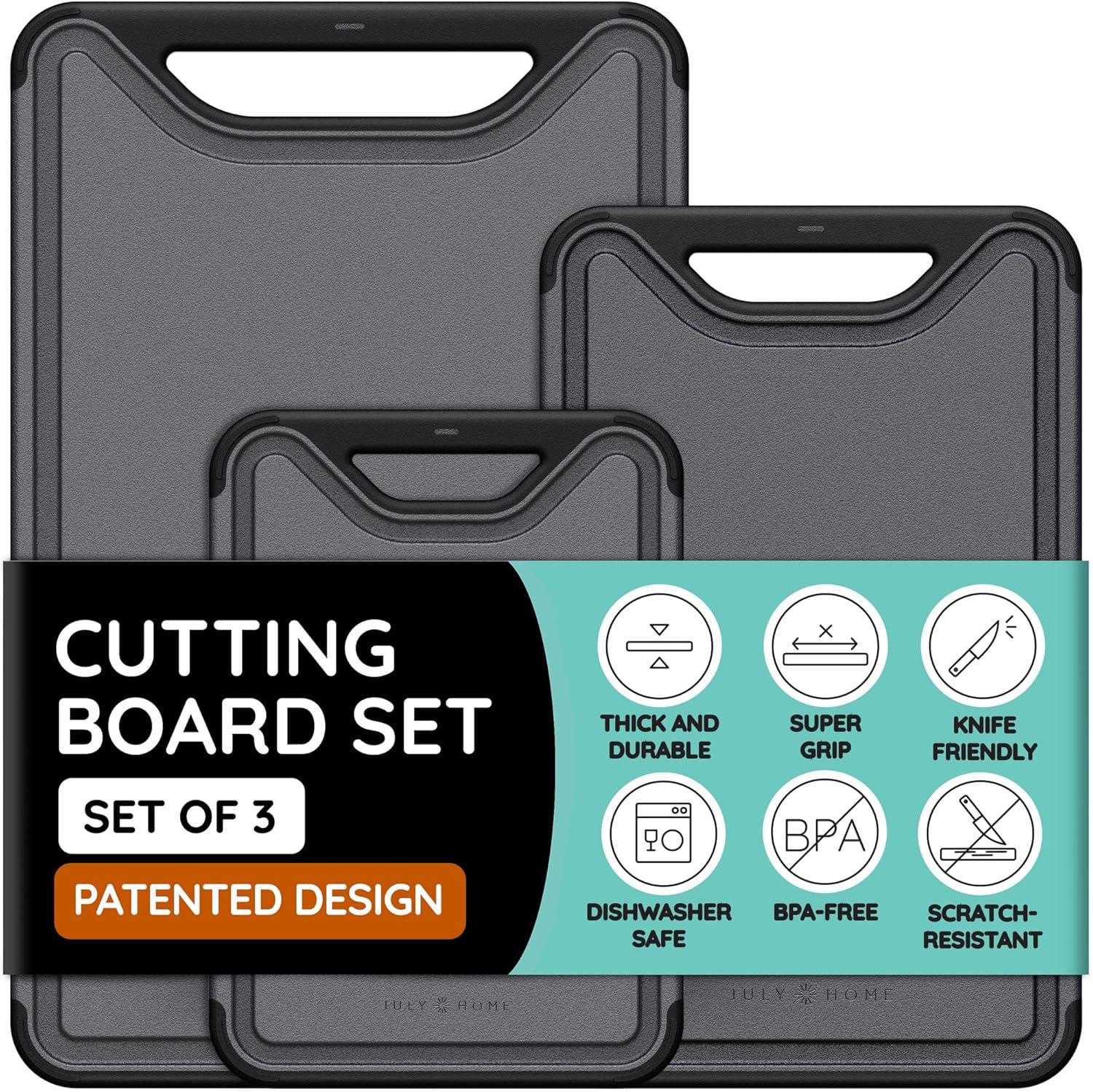 Black and Gray Plastic Cutting Board Set with Juice Grooves