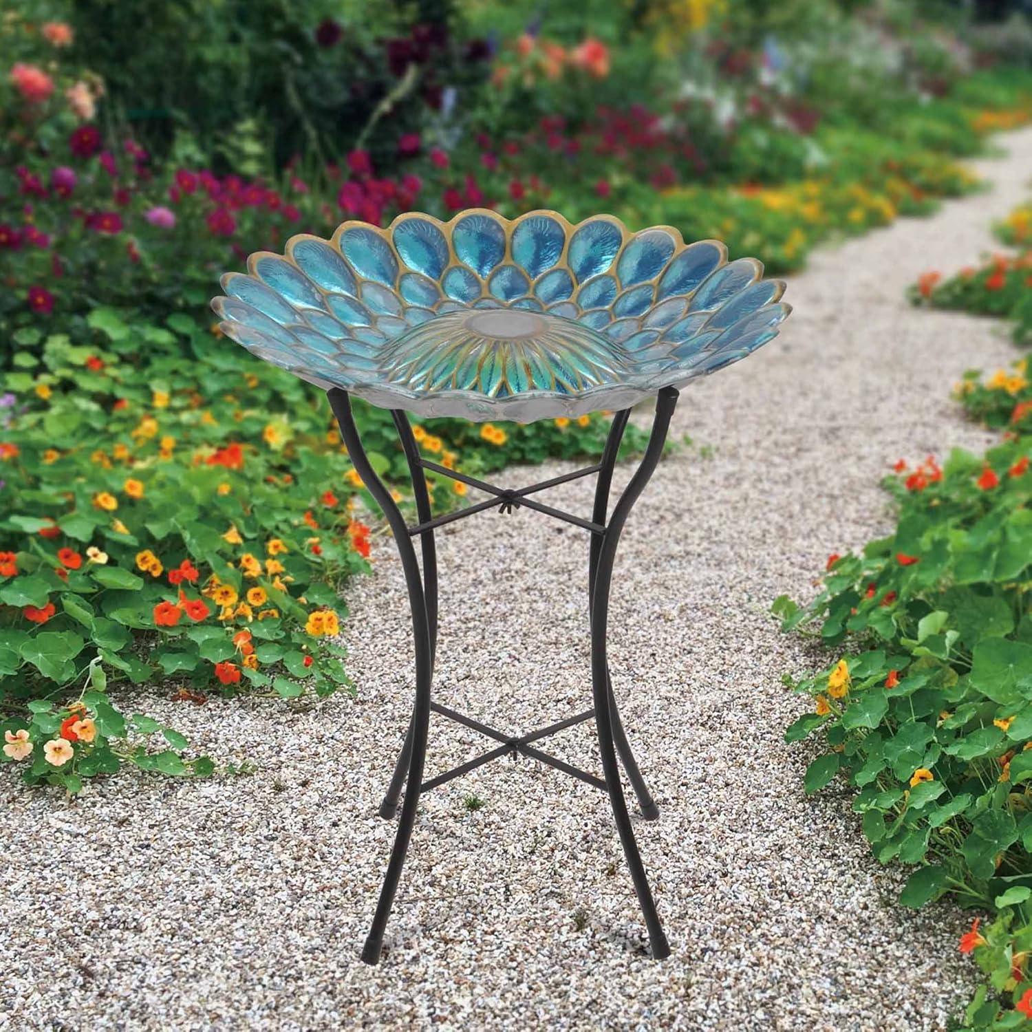 Teamson Home 18" Outdoor Solar Glass Flower Mosaic Birdbath with LED Lights and Stand, Blue