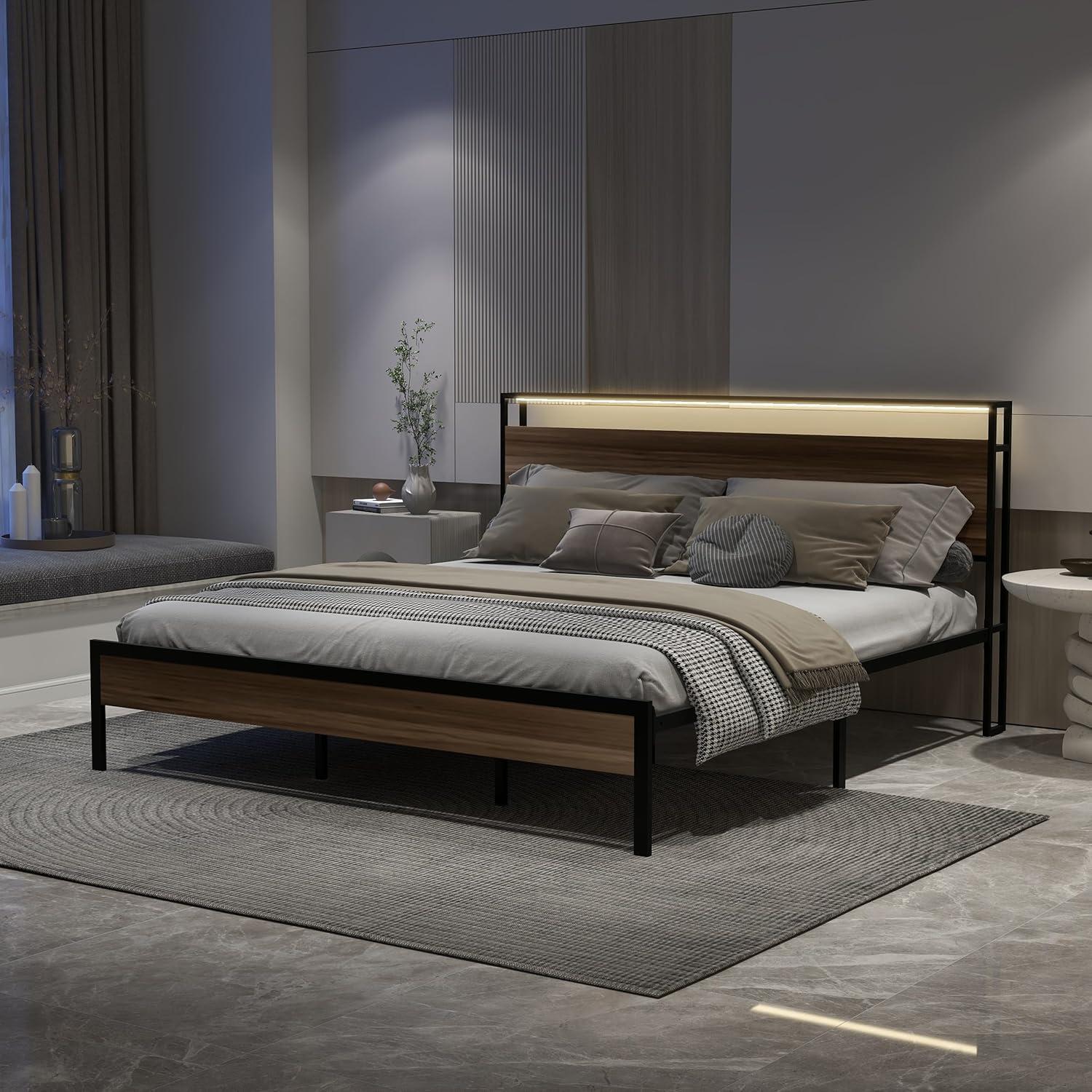 NNV King Size Metal Platform Bed Frame with USB Ports & AC Outlets, LED Lights Storage Headboard, Mahogany