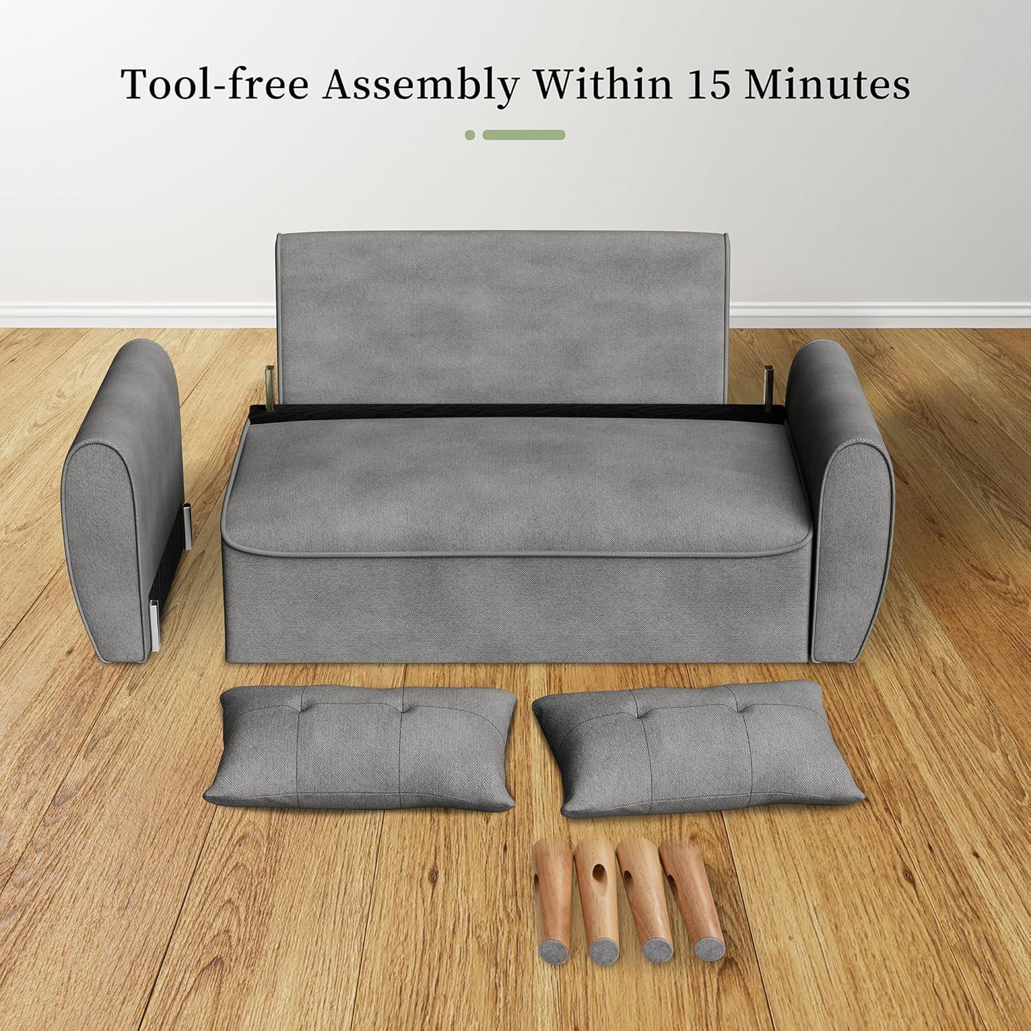 Light Grey Linen Tufted Loveseat Sofa with Wooden Legs