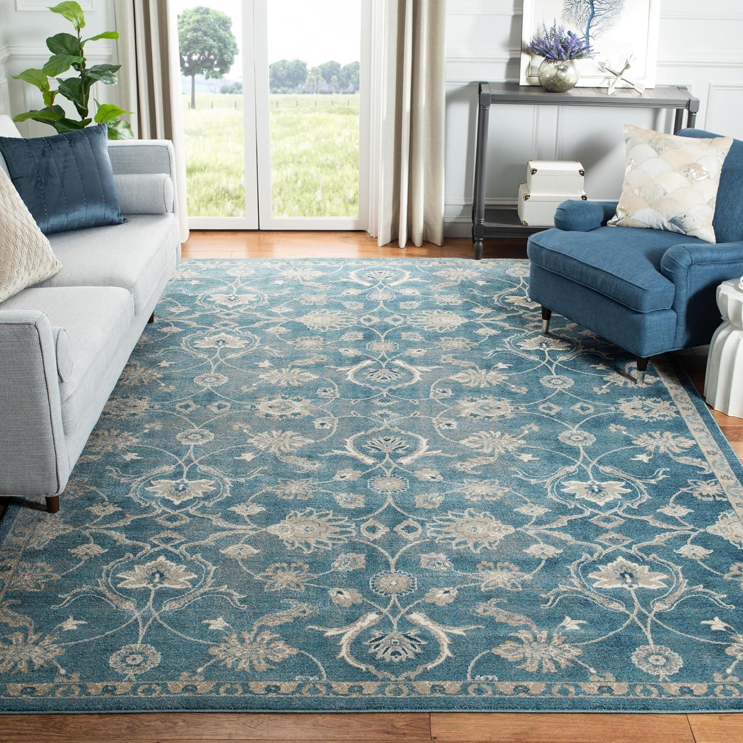 Blue and Beige Floral Synthetic 10' x 14' Reversible Area Rug