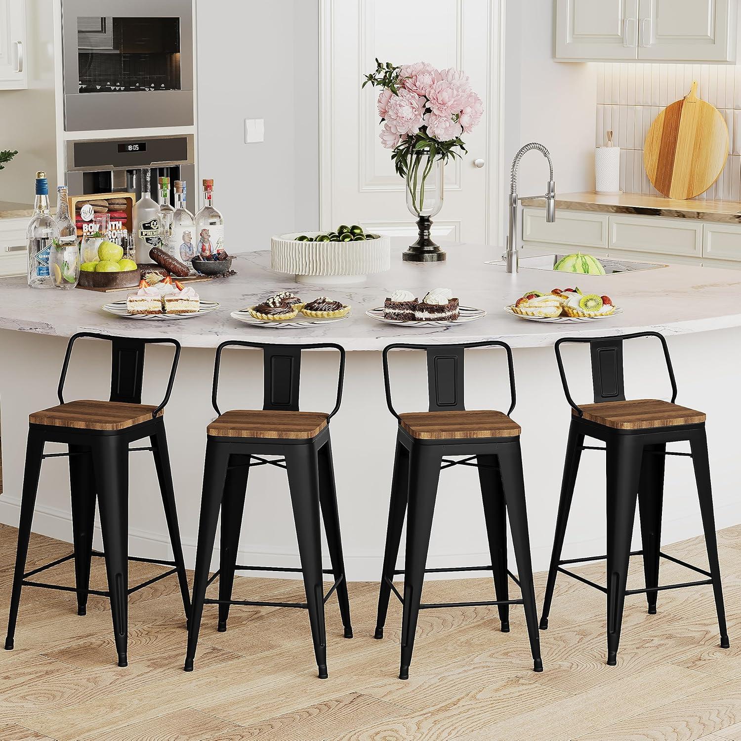 Bar Stools Set of 4 Metal Bar Stool Counter Height Bar Stools 26" Black Modern Bar Chairs with Back and Wooden Seat Bar Stools Counter Height