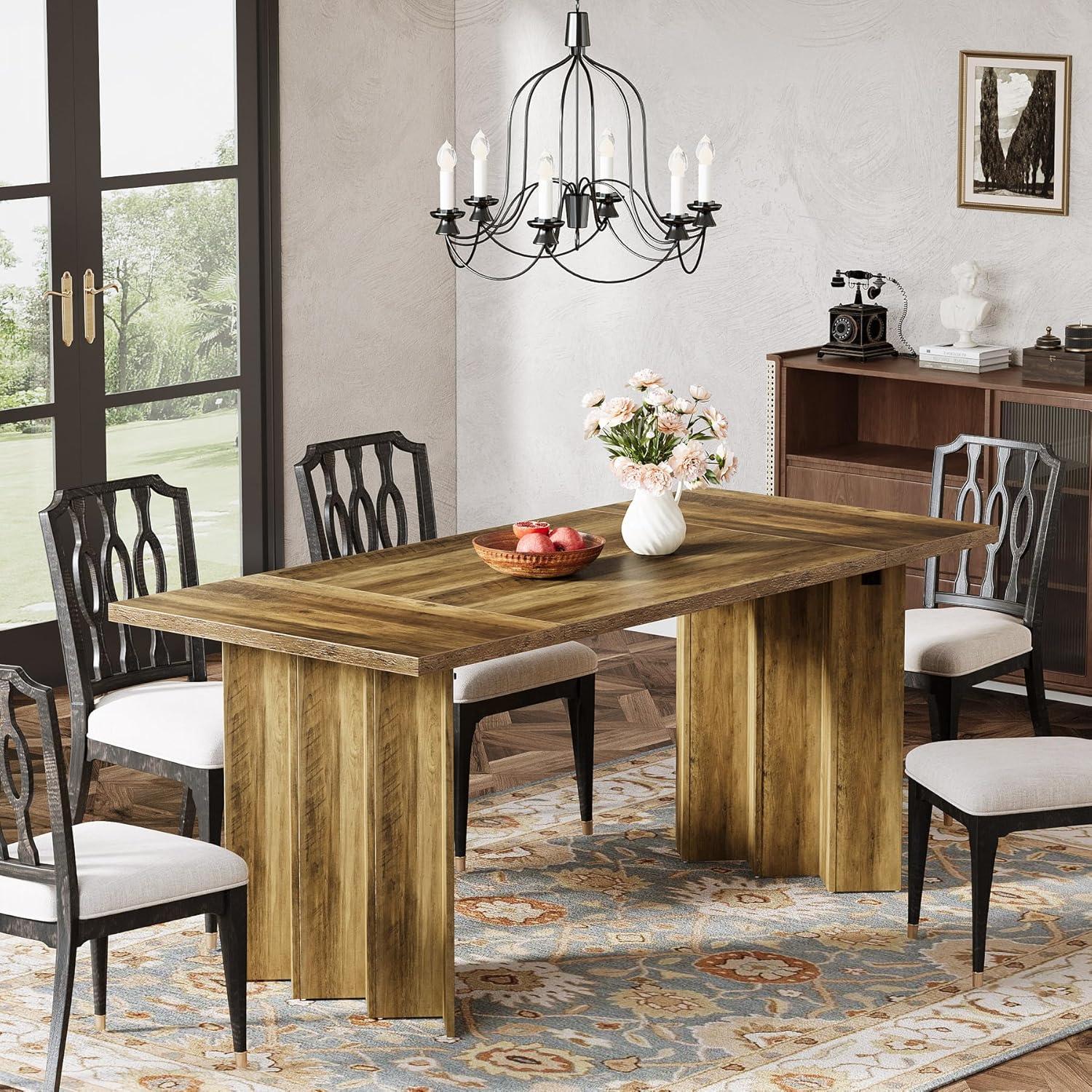 Rustic Brown Farmhouse Rectangular Wood Dining Table for Six