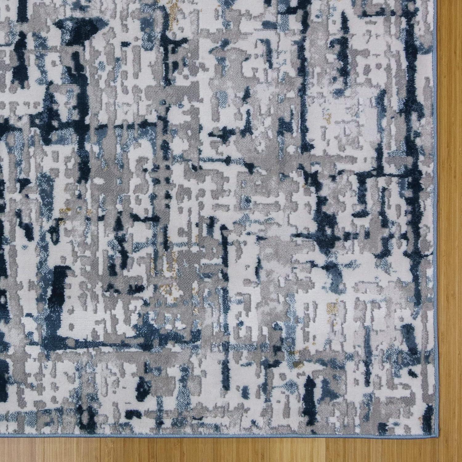 Quattro Abstract Gray Navy Blue Ivory Modern Polypropylene Indoor High-Low Area Rug